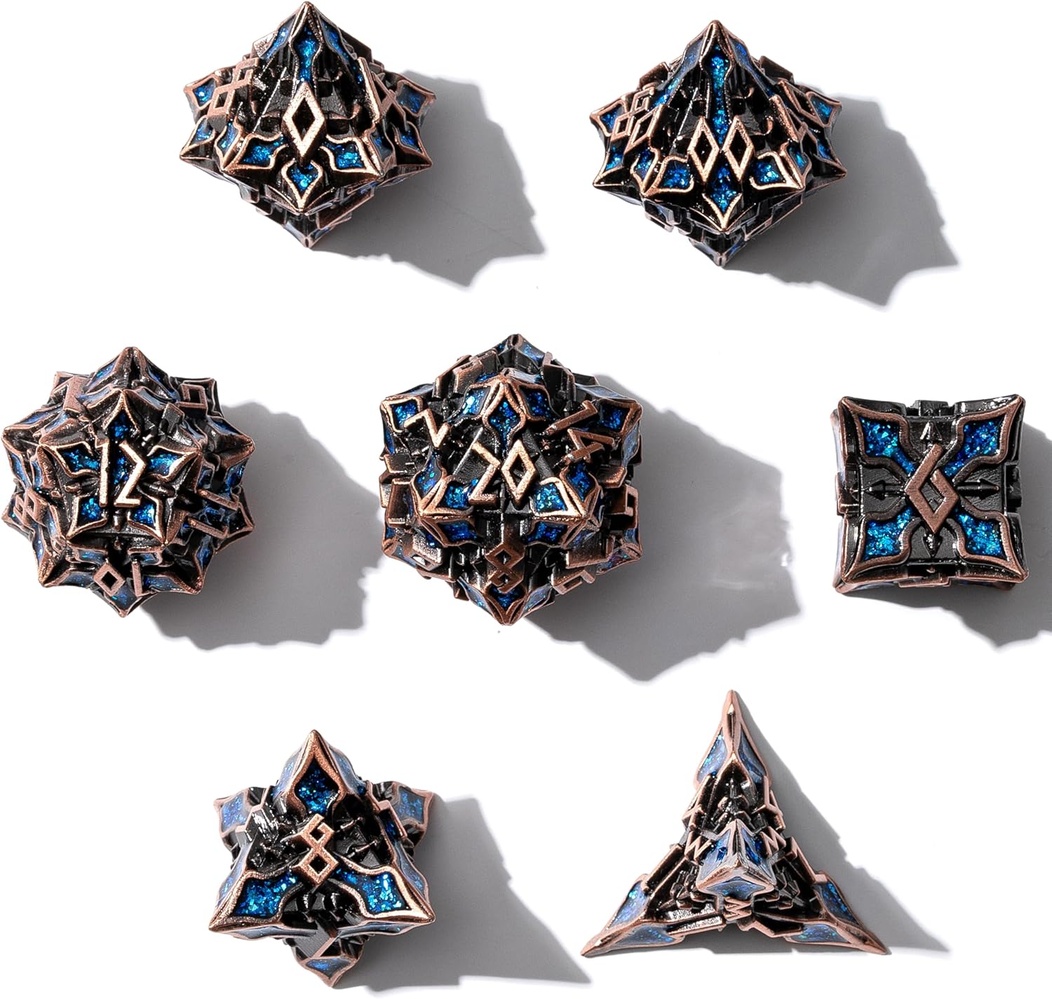 Metal Dice for DND - Spire Sanctum Series - Polyhedral Dice Set for D&D, RPG and More - Balanced Rolls, Beautiful 7 Piece Set for Dungeons and Dragons (Antique Copper Blue Glitter)