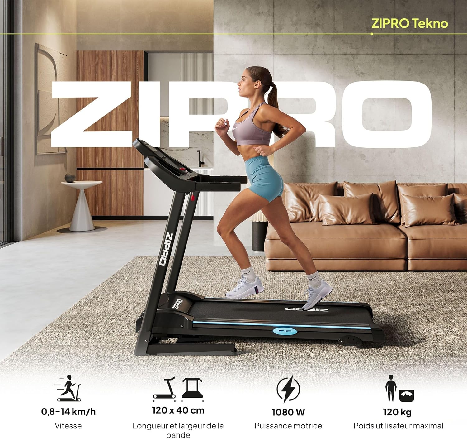 Key specifications of the ZIPRO Tekno Treadmill: speed, belt dimensions, motor power, max user weight.