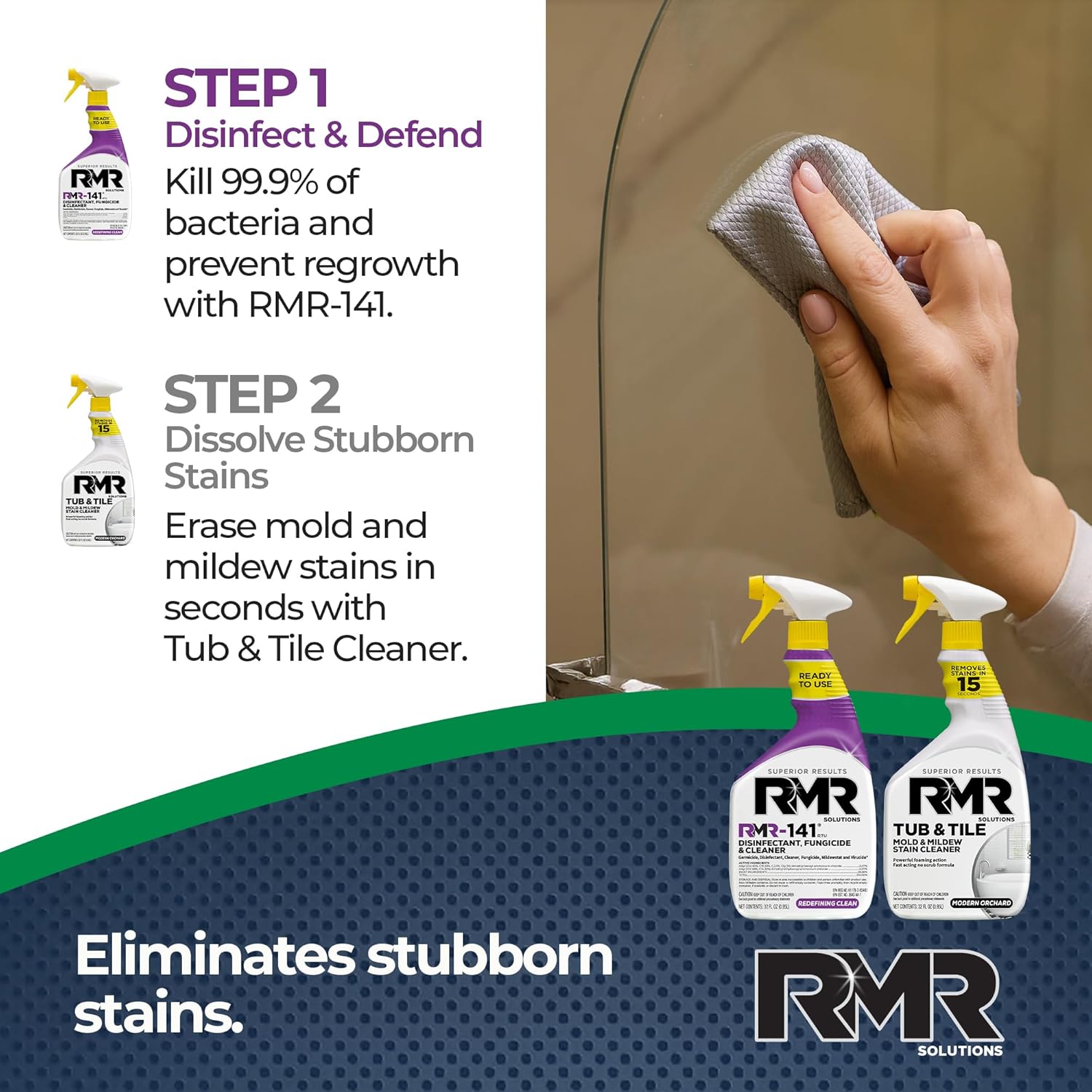 RMR Bathroom Brilliance Bundle – Tub & Tile Stain Spray + RMR-141 EPA Registered Mold & Mildew Remover, 2-Step Bathroom Cleaning & Disinfecting System for Showers, Sinks, Tile, Grout, 2–32 Oz Bottles