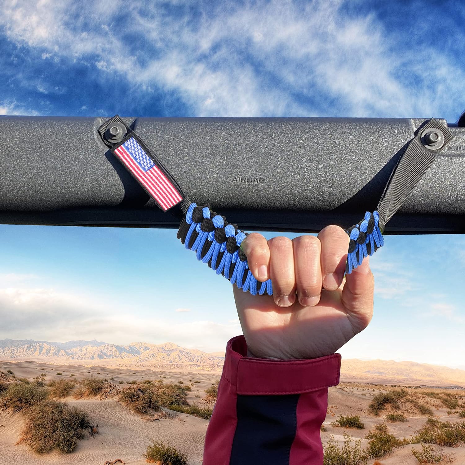 Roll Bar Grab Handles for 2021 2022 2023 2024 2025 Ford Bronco 2 Door 4 Door Accessories Paracord Grip Handle, with America Flag, 2 Pack Blue