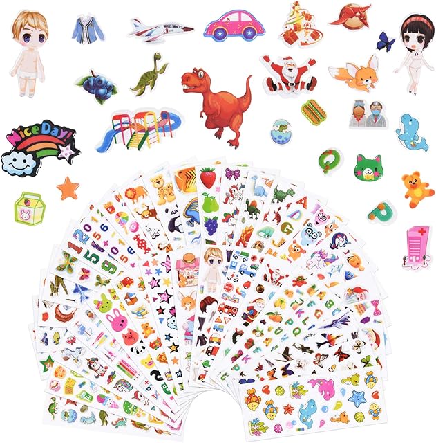 Vicloon 3D Stickers for Kids Toddlers, 38 Variety Sheets Puffy Stickers, 1000+ Children Stickers for Party Rewarding Gifts Scrapbooking Including Animals Dinosaurs Santa Fruits Star Car and More