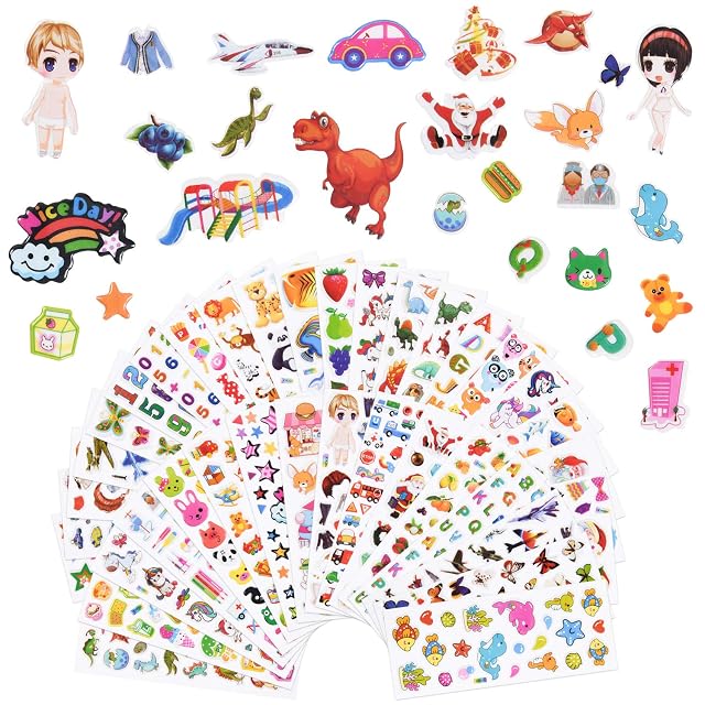 Vicloon 38 Hojas Pegatinas, 1000+3D Puffy Pegatinas, Stickers para Gratificantes Scrapbooking, Que Incluye Animales, Dinosaurios, Letra, Número, Mariposa, Pescado, Avión