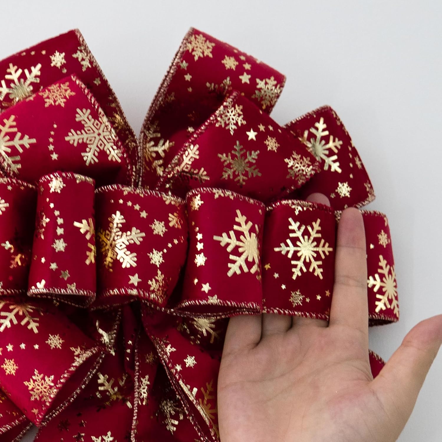 Christmas Tree Topper Bow, 53x13 Inches Large Christmas Velvet Topper Bow with Gold Snowflakes, Decorative Ribbon Bows for Xmas Tree Wreath Door Festival Home Decor(Red & Gold Snowflake) - Image 8