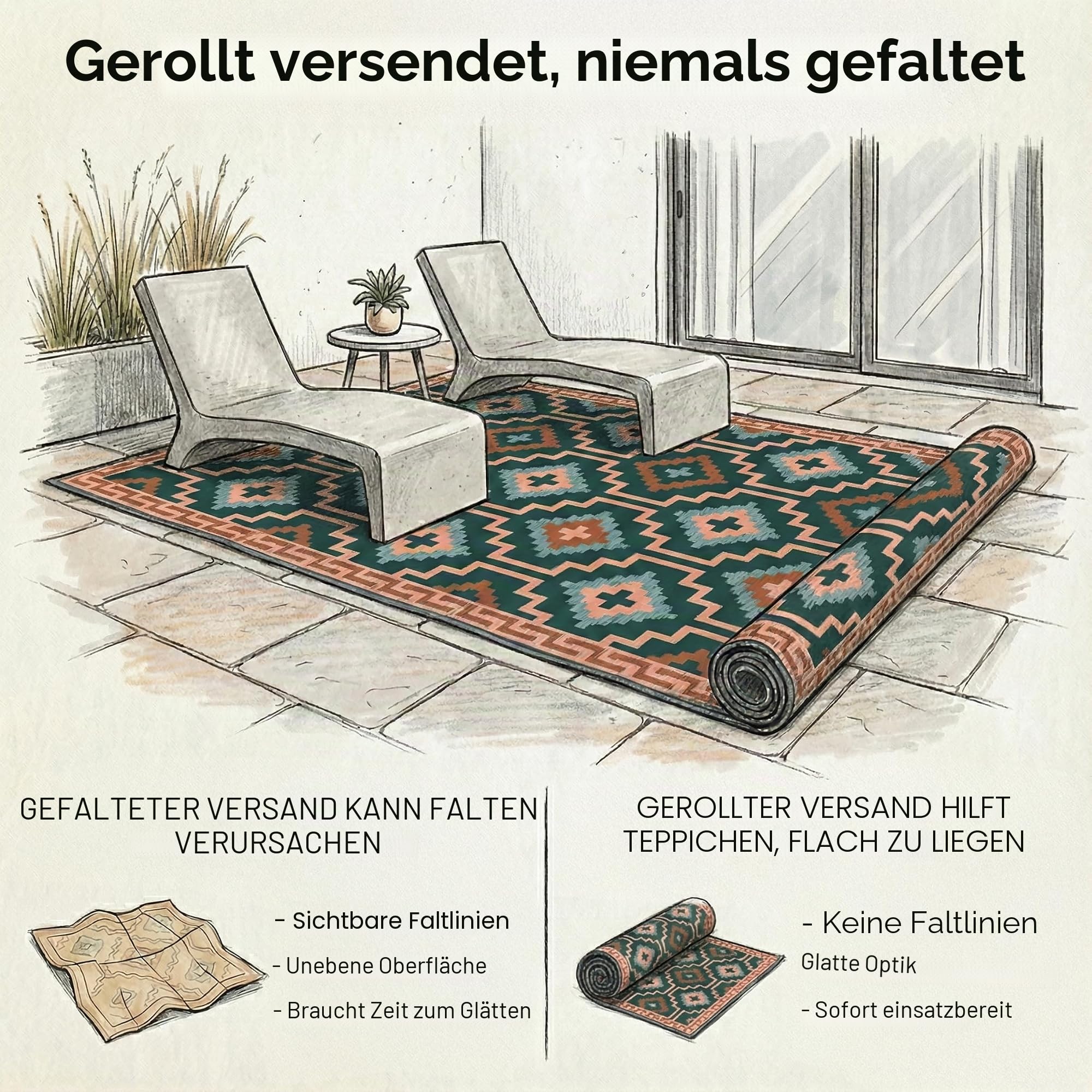 FAB HAB Outdoor-Teppich - wetterfest, farbecht, wendbar - recycelter Premium-Kunststoff - gestreift - Terrasse, Balkon, Garten - Kunststoffteppich Lhasa - Green, 120x180 cm