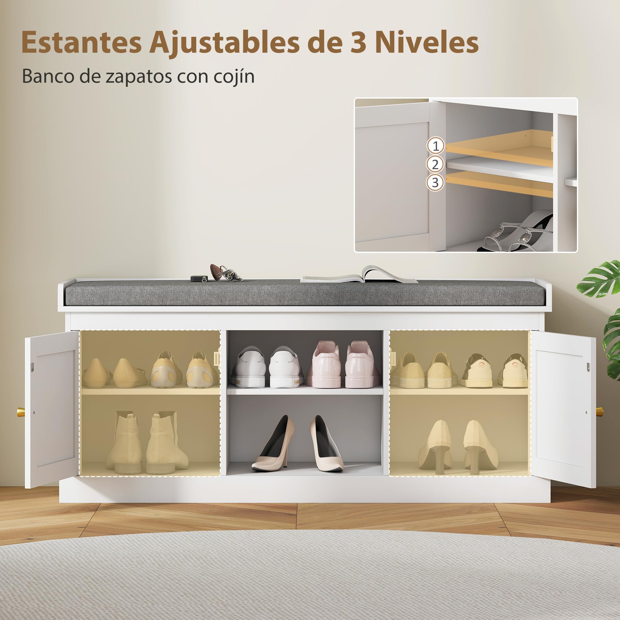 HOMCOM Banco Zapatero con Asiento Acolchado Bohemio 105x35x47 cm Blanco | Mueble Zapatero, Banco Recibidor, Puertas Frentes de Ratán, Estante Abierto, Estante Ajustable, para 9 Pares de Zapatos