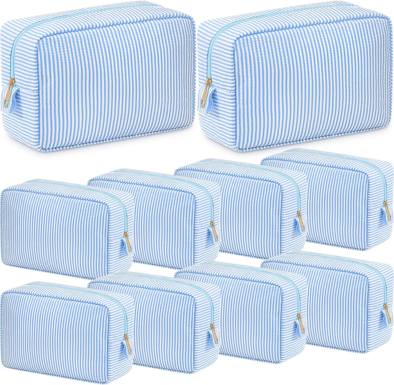 Sanwuta 10 Pcs Seersucker Cosmetic Bag Seersucker Makeup Bag Women Stripe Large Travel Toiletry Organizer Preppy Storage Pouch for Embroidery Wedding Bridesmaid Bride Mom (Light Blue)