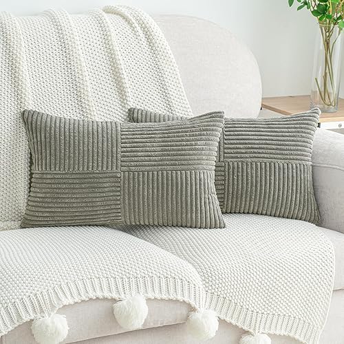 Miniatura 9 de HWY 50 Juego de 2 fundas de cojín decorativas de pana suave con empalme de 18 x 18 pulgadas, fundas decorativas de estilo bohemio a rayas para sofá,