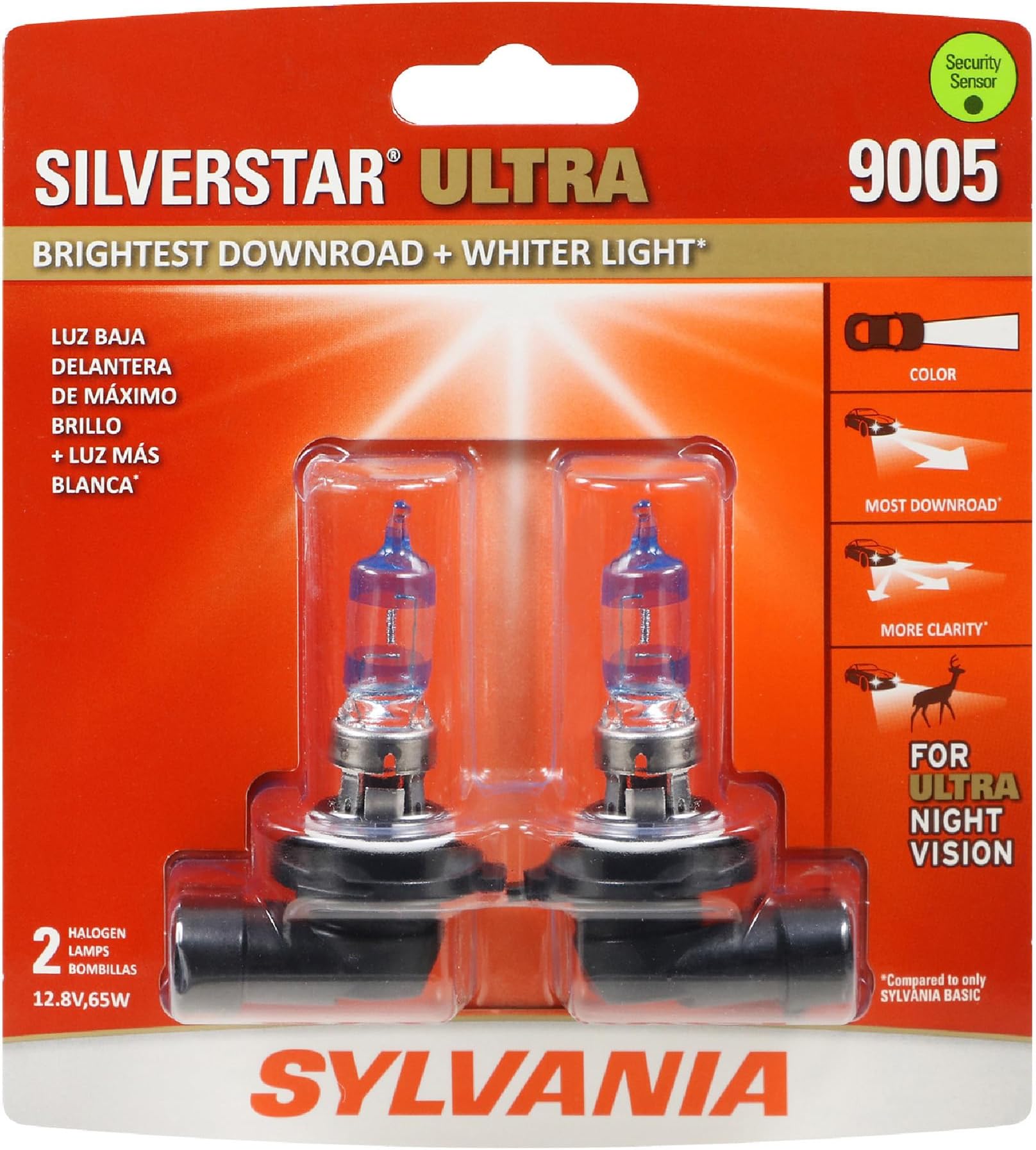 SYLVANIA - 9005 SilverStar Ultra - High Performance Halogen Headlight Bulb, High Beam, Low Beam and Fog Replacement Bulb, Brightest Down Road with Whiter Light, Tri-Band Technology (Contains 2 Bulbs)