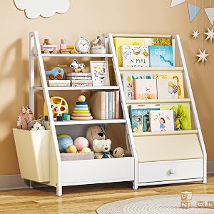 Quikraen Kids Bookshelf with 3 Sling & 3 Tier, White | 3 front-facing sling pockets + 3-tier shelf & 1 drawer; anti-tip strap & non-slip pads; solid wood frame; 83.5×30×75cm