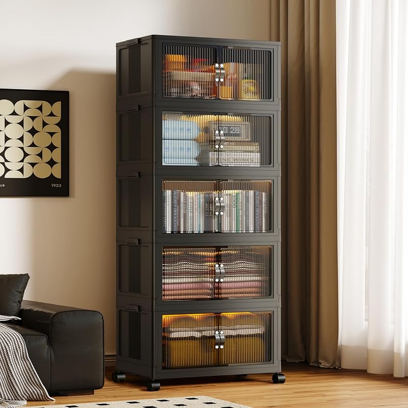 SAILUN 580Qt Stackable Storage Bins,Storage Cabinet with a Lid,5 Pack Black | Stackable Storage Drawers with Lids,26" W x 17" D x 71" H,Featuring open-front Access for Closet Storage
