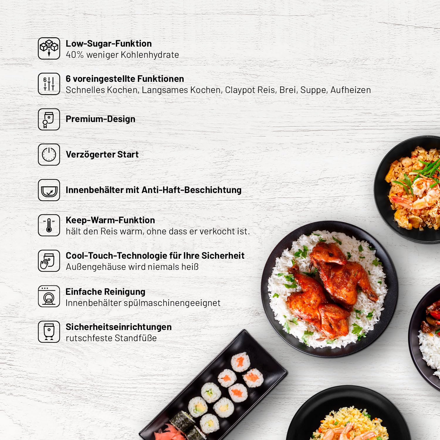 Lauben Low Sugar Reiskocher Rice Cooker mit Low-Sugar-Funktion, Fassungsvermögen 1,5l, verzögerter Start, Warmhalten, Innenbehälter spülmaschinengeeignet, Antihaftbeschichtung (Antracit)