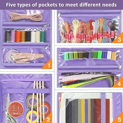 Vista 31 de FINPAC Bolsa de almacenamiento de suministros de costura y manualidades, bolsa organizadora de viaje de gran capacidad con bolsillos transparentes