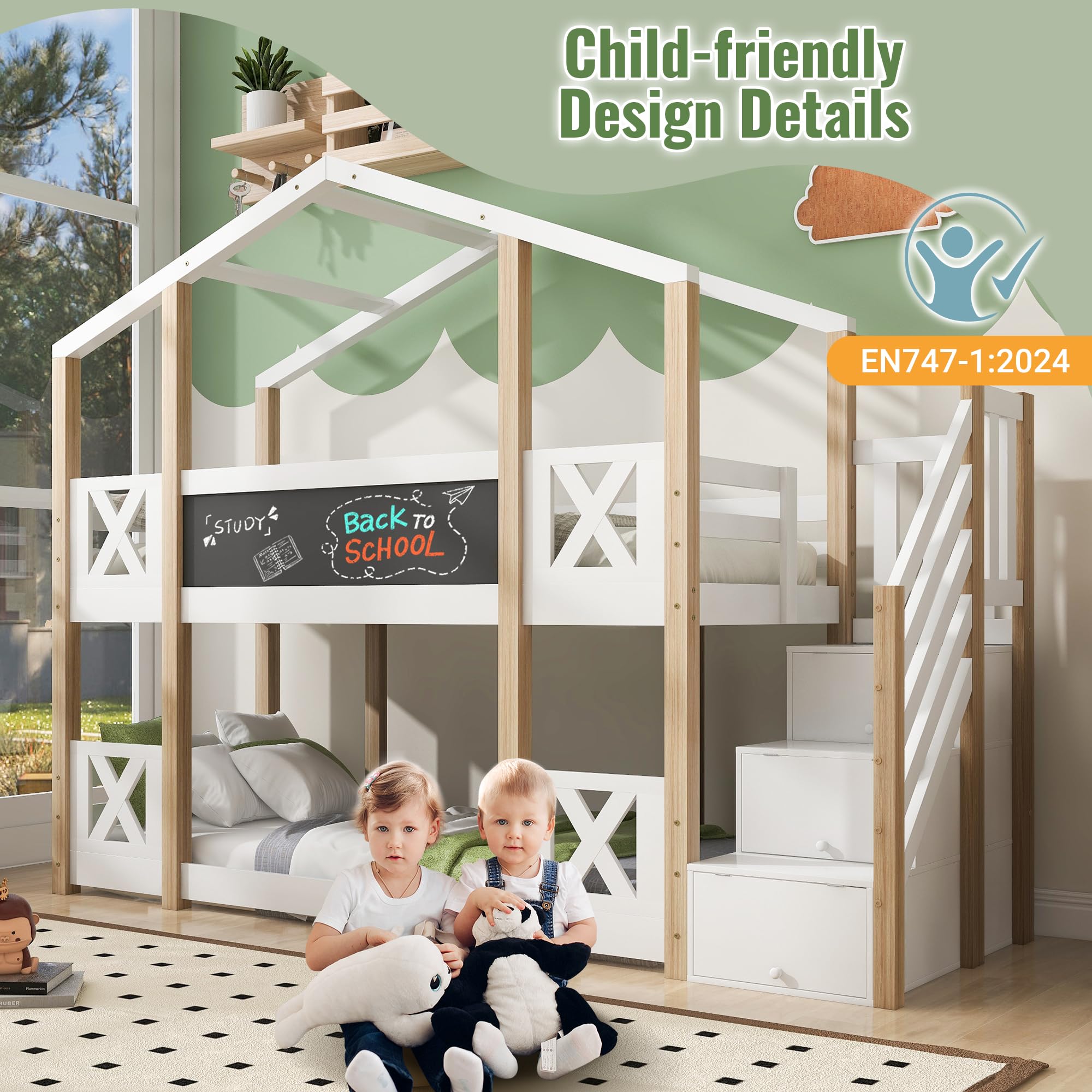 Lit superposé pour Enfants 90 x 200 avec échelle, Lit Cabane Enfant avec Tableau, Lit Cabane Enfant Arbre avec Rangement et Barrières de Sécurité, Blanc et Naturel