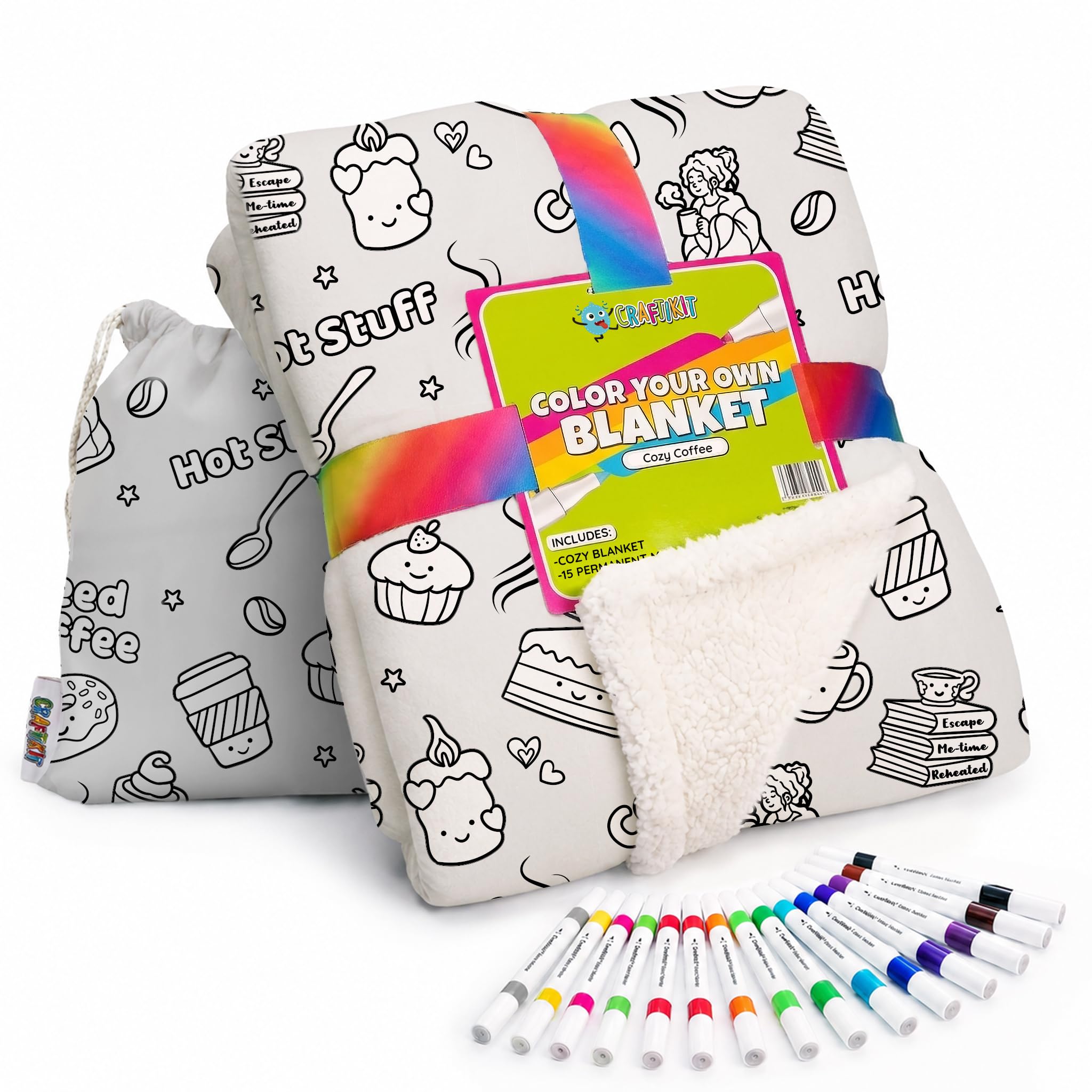 Craftikit Coffee Coloring in Blanket for Adults - Sherpa Throw -15 Markers | 40" x 60", Fabric Markers Included, Permanent Vibrant Fleece Design, Ages 3+, Machine Washable, Gift Wrapped