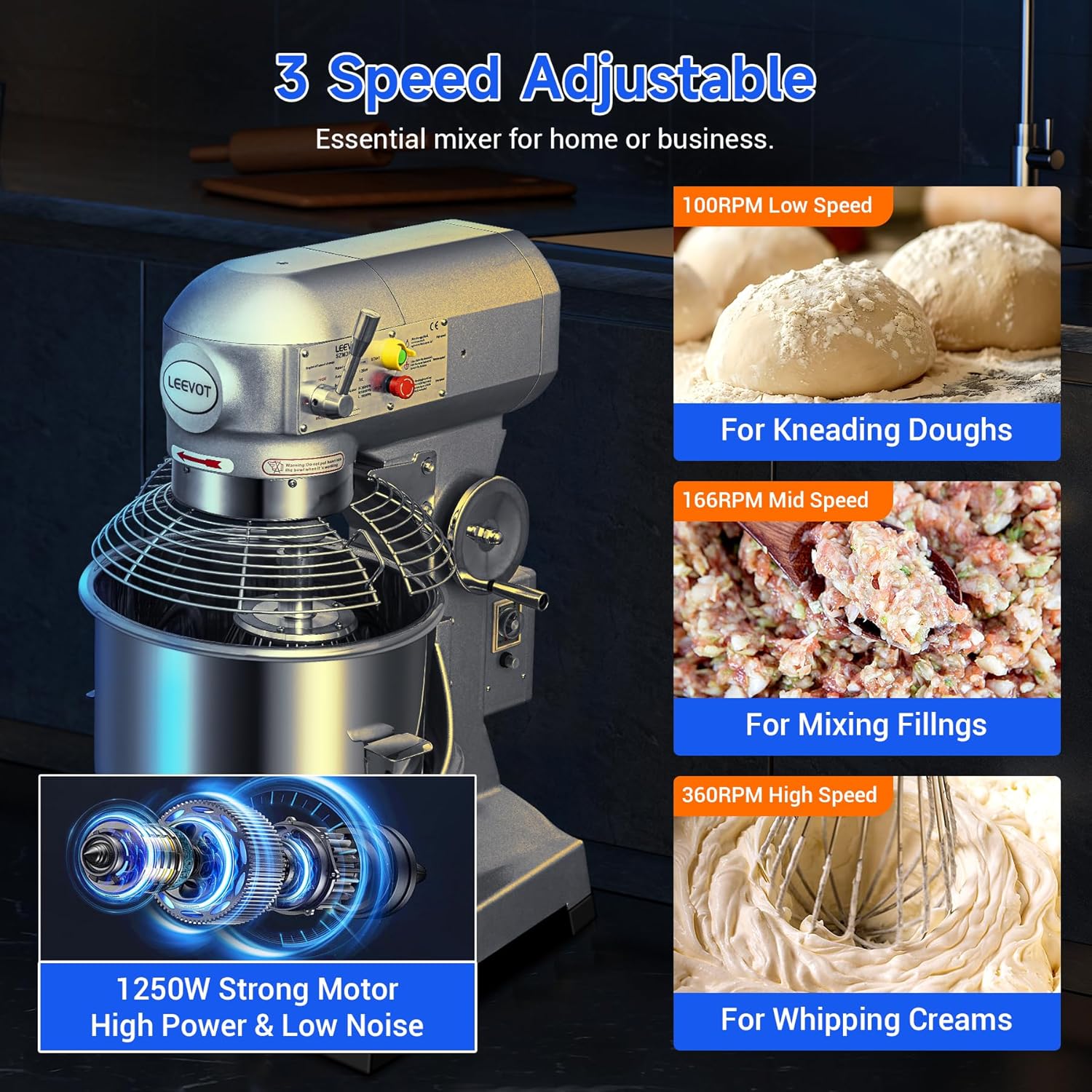30Qt Commercial Food Mixer with Timing Function,1250W Commercial mixer 3-Speed Adjustable Heavy Duty, Electric Stand Food Mixer with Stainless Steel Bowl for Bakery Pizzeria. (Standard)