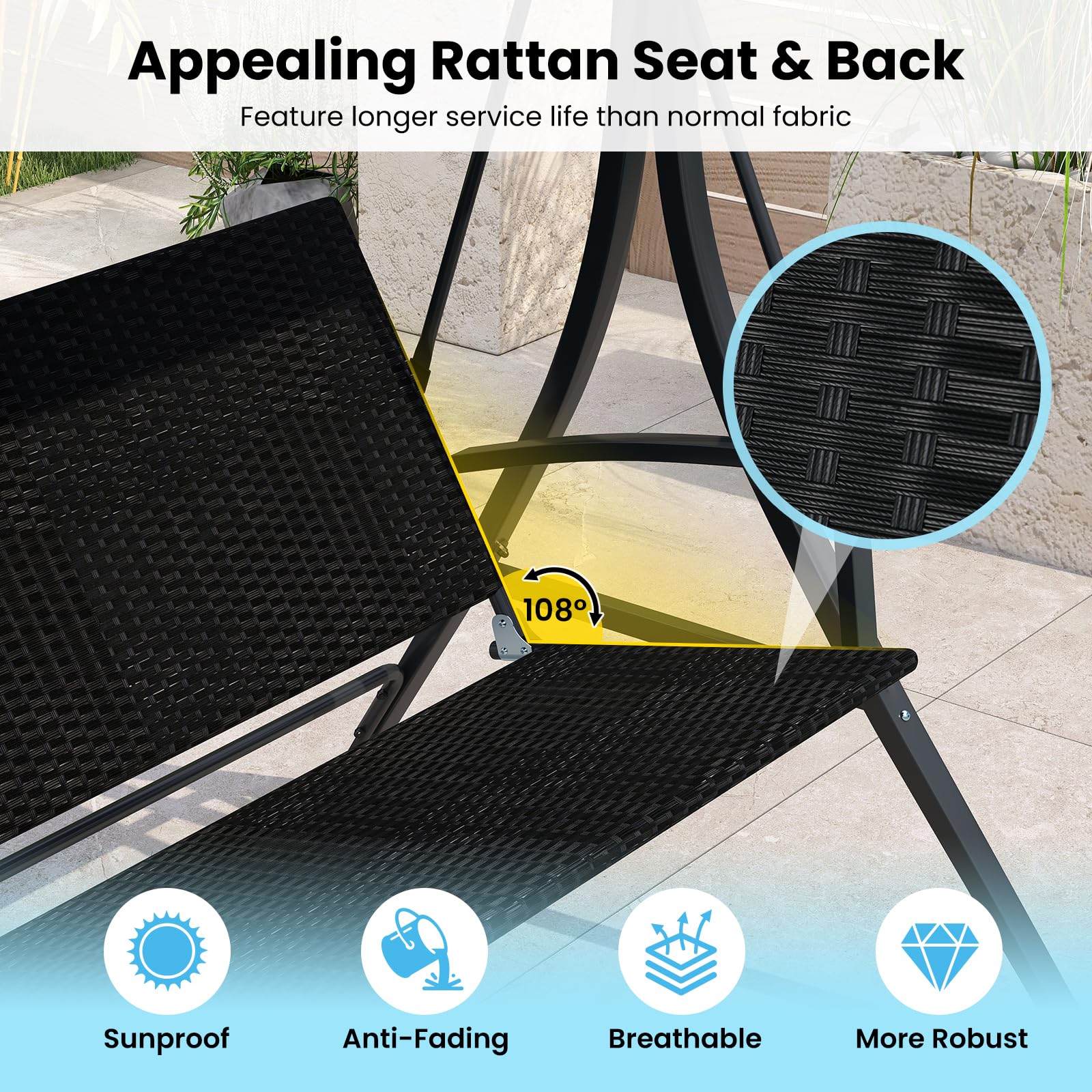RELAX4LIFE Dondolo da Giardino a 3 Posti con Tettuccio Parasole Regolabile e Seduta in Rattan Traspirante, Portata fino a 450 kg, Arredo per Esterno, 190,5 x 114,5 x 166 cm, Nero
