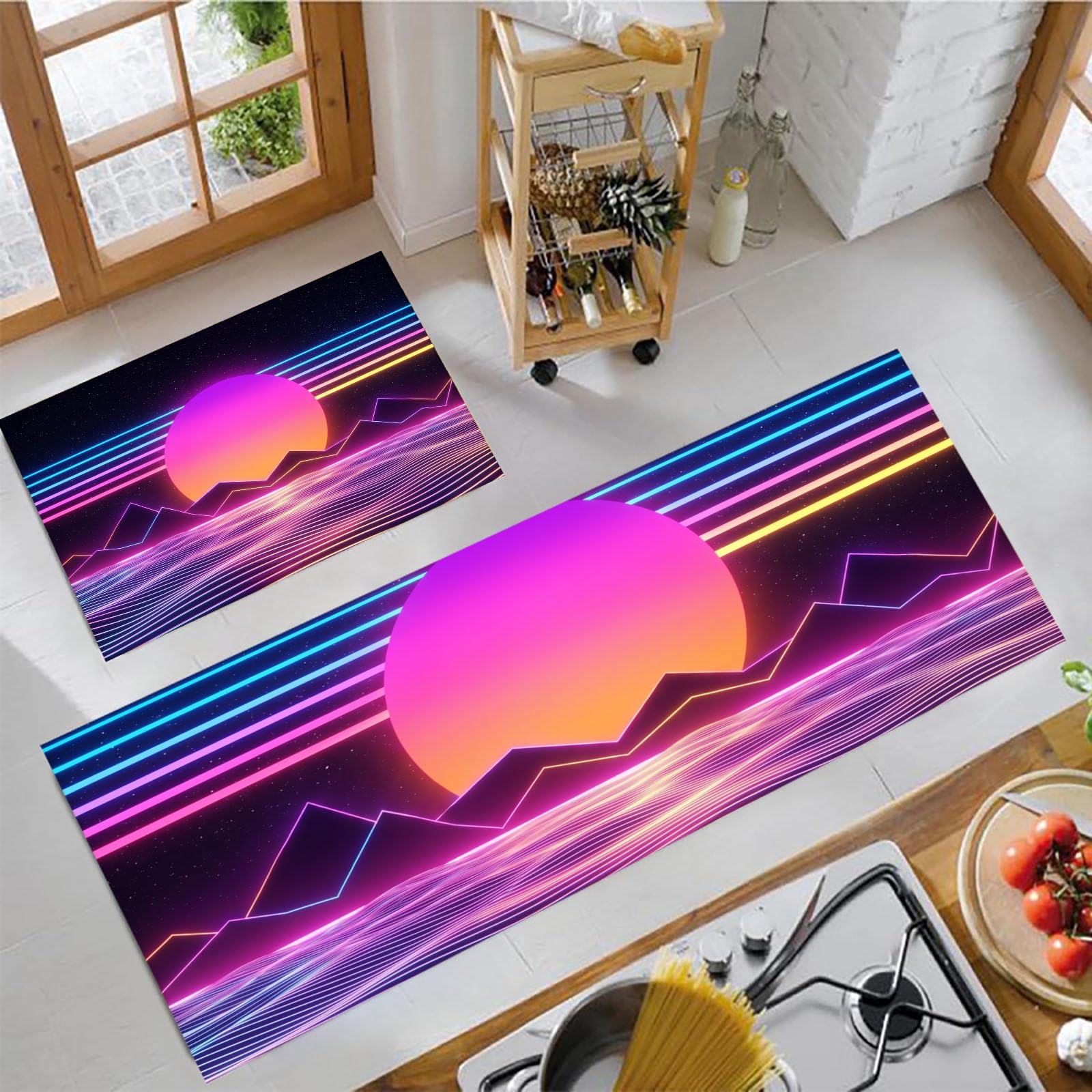 Juego De 2 Alfombras De Cocina Atardecer De Neón Retro | Alfombrillas De Cocina Lavables Futuras Montañas Rayadas, Corredera Antideslizante Absorbente para Salón, 50X80+50X180, Púrpura