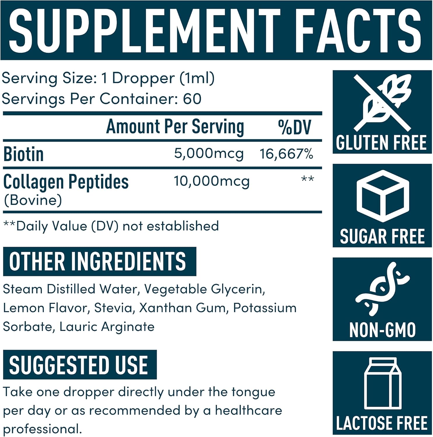 Concentrated Liquid Collagen Peptides Supplement - Hair, Skin, Nail, Joints Support - Sublingual Drops by Windsor Botanicals - 10,000mcg Collagen, 5,000mcg Biotin - Lemon Flavor - 2-Month - 2 oz : Health & Household