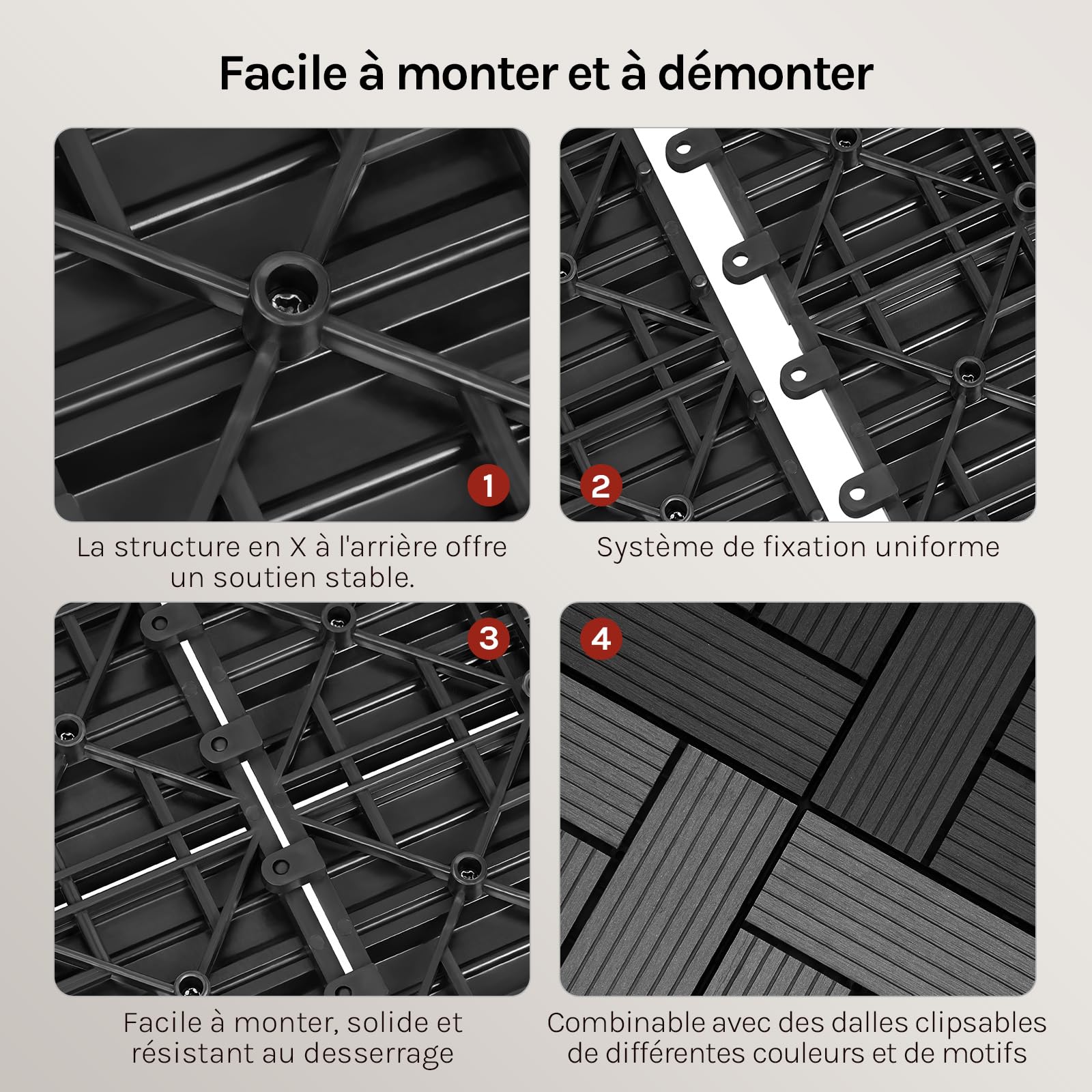 WOLTU 22 pièces Carrelage de sol Dalle WPC 30x30cm pour jardin terrasse extèrieur fixation plug-in, Anthracite 2 m²