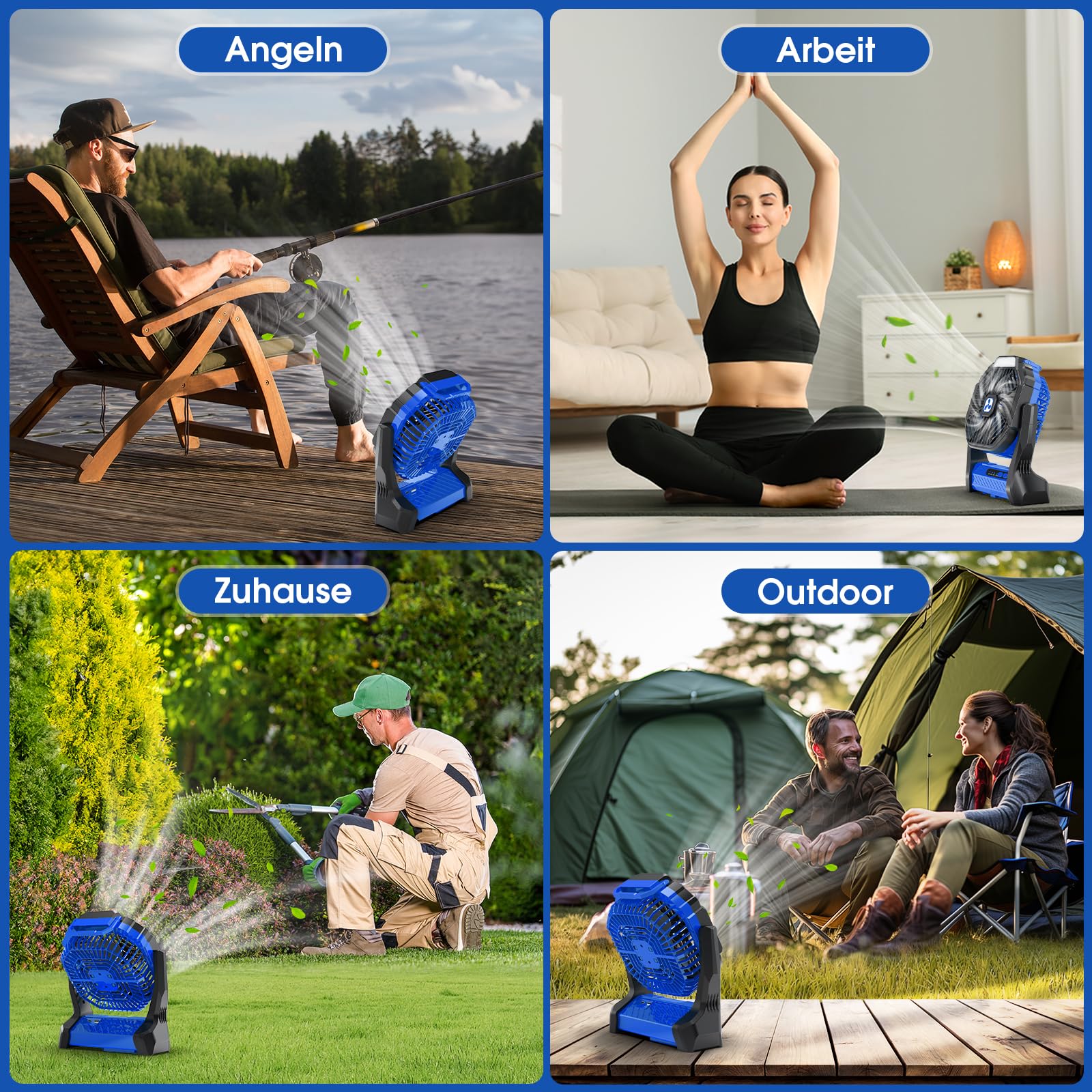 Ventilador a Pilas 20000 mAh inalámbrico, Recargable, Ventilador portátil con Linterna LED, Ventilador de Mesa, batería USB-C, Ventilador de Camping para Viajes, Playa Azul