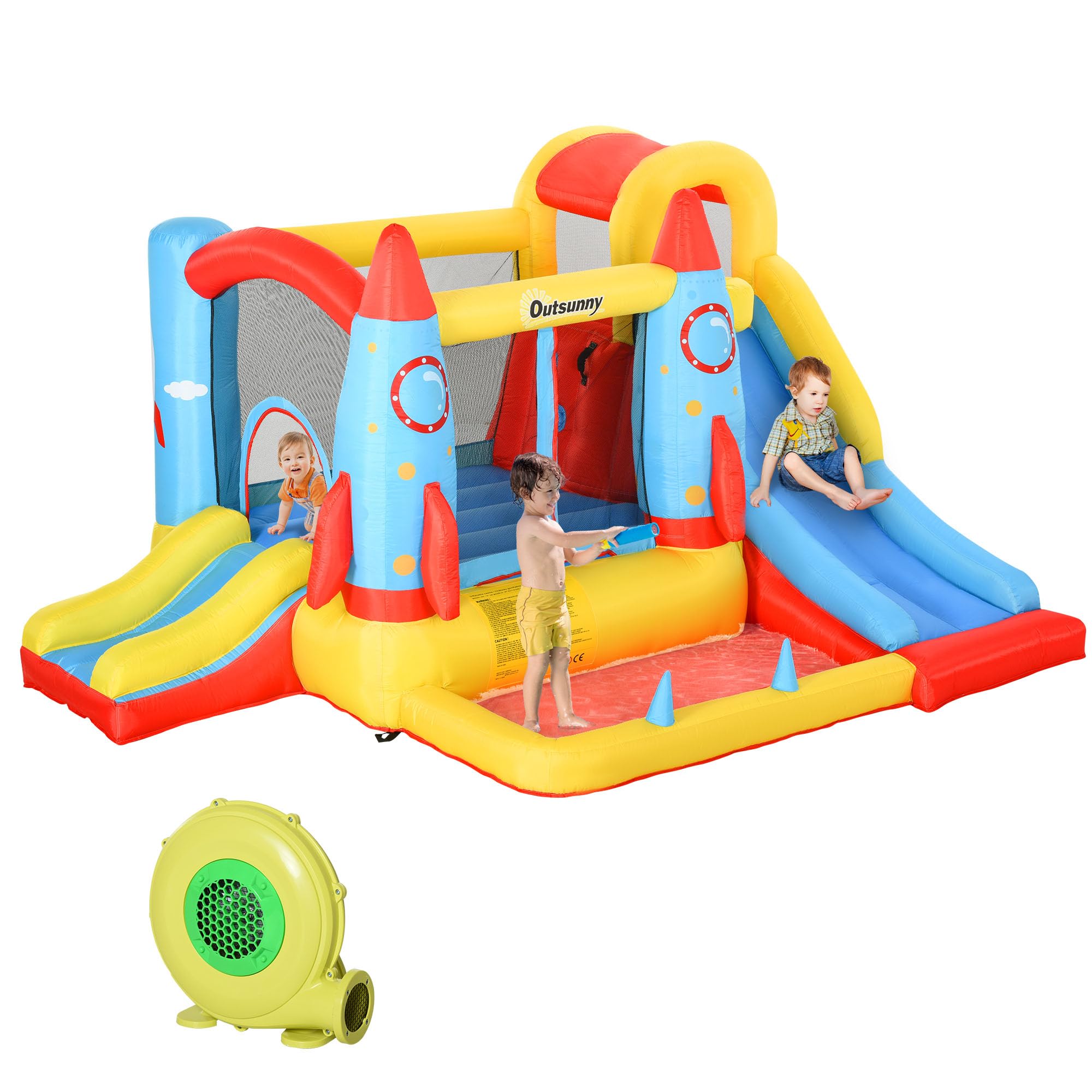 Outsunny Bouncy Castle Inflatable Bouncy Castles for Children Bounce House 3 in 1 w/Trampoline Slide Water Pool with Blower for Kids Age 3-8 Rocket Design 3.3 x 2.65 x 1.85m, Multicoloured