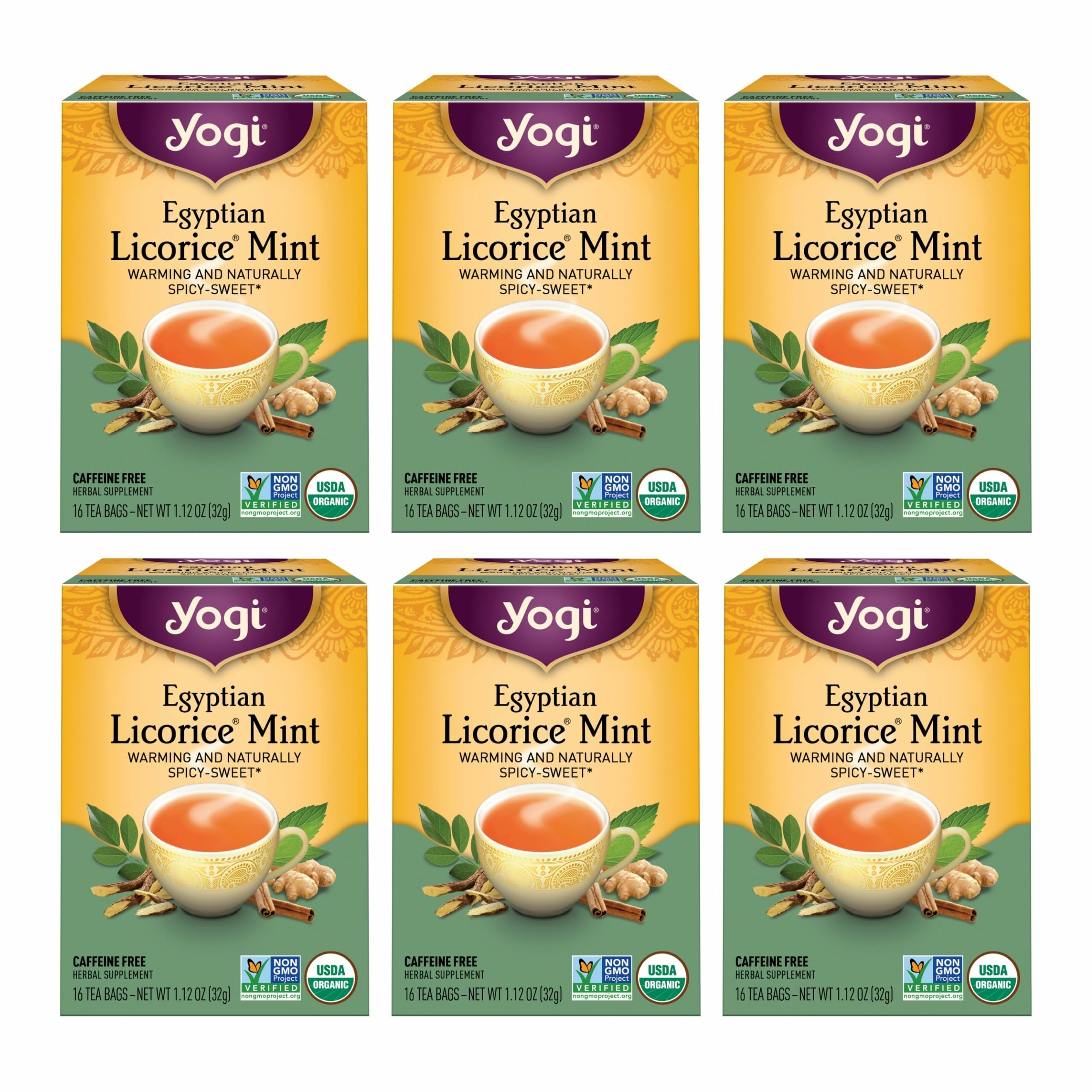 Yogi Tea Egyptian Licorice Mint Tea - 16 Tea Bags per Pack (6 Packs) - Caffeine-Free Organic Tea - Includes Peppermint Leaf, Licorice Root, Cinnamon Bark, Cardamom Pod, Ginger Root & More
