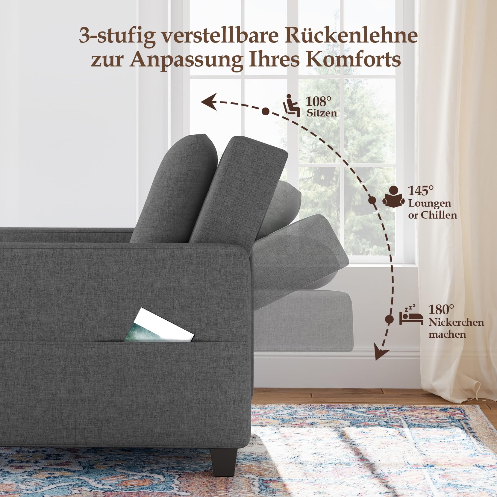 Vesgantti Schlafsessel mit Bettfunktion 3-in-1 Ausziehbares Schlafsofa Umwandelbarer Stuhl Bett Verstellbarer Einzelsessel mit Seitentasche, für kleinen Raum, Dunkelgrau