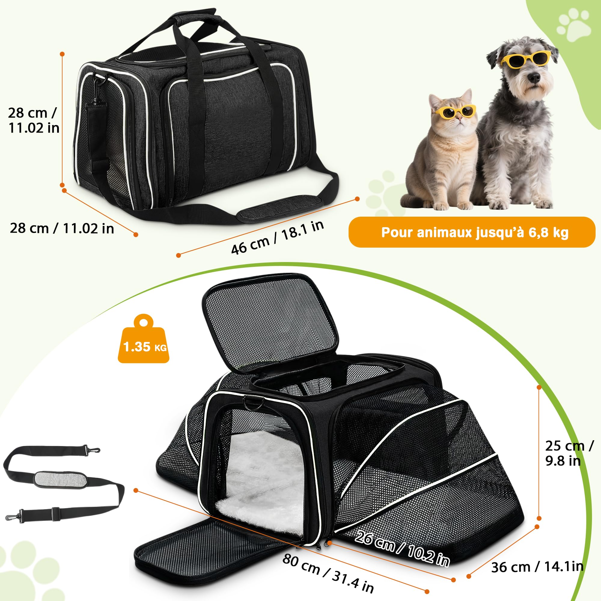 ALLSOPETS Sac de Transport Extensible pour Chat et Petit Chien, Sac Souple Pliable avec Extensions Latérales, Coussin Amovible et Poches, Transport Animaux Cabine Avion (Noir & Blanc)