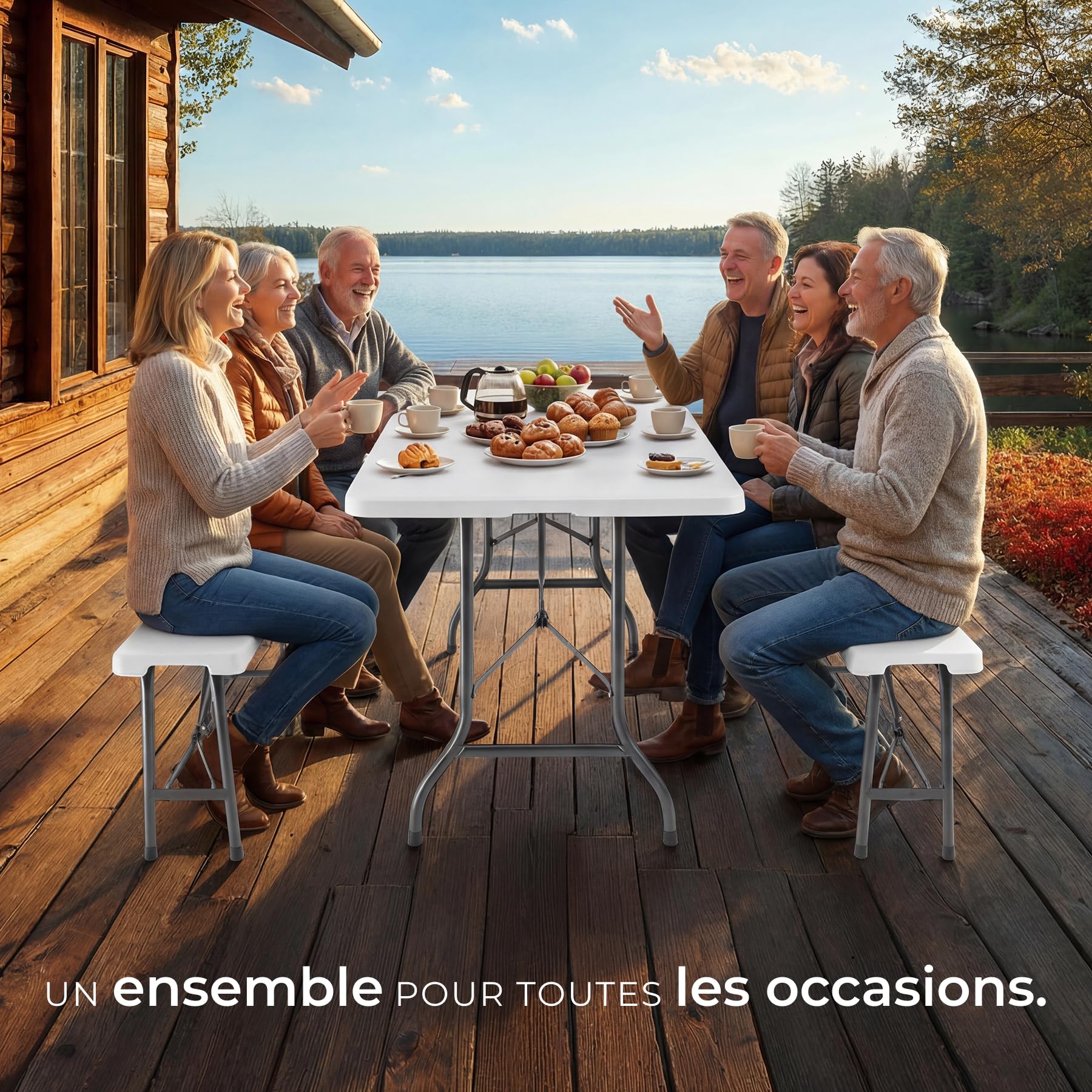 tectake® Ensemble Table de Camping et 2 Bancs, Résistant aux intempéries et Pliable, Table extérieure 180x74x72 cm, Bancs 180x25x43 cm, Mobilier de Camping 8 Personnes, Jardin, Pique-Nique - Blanc