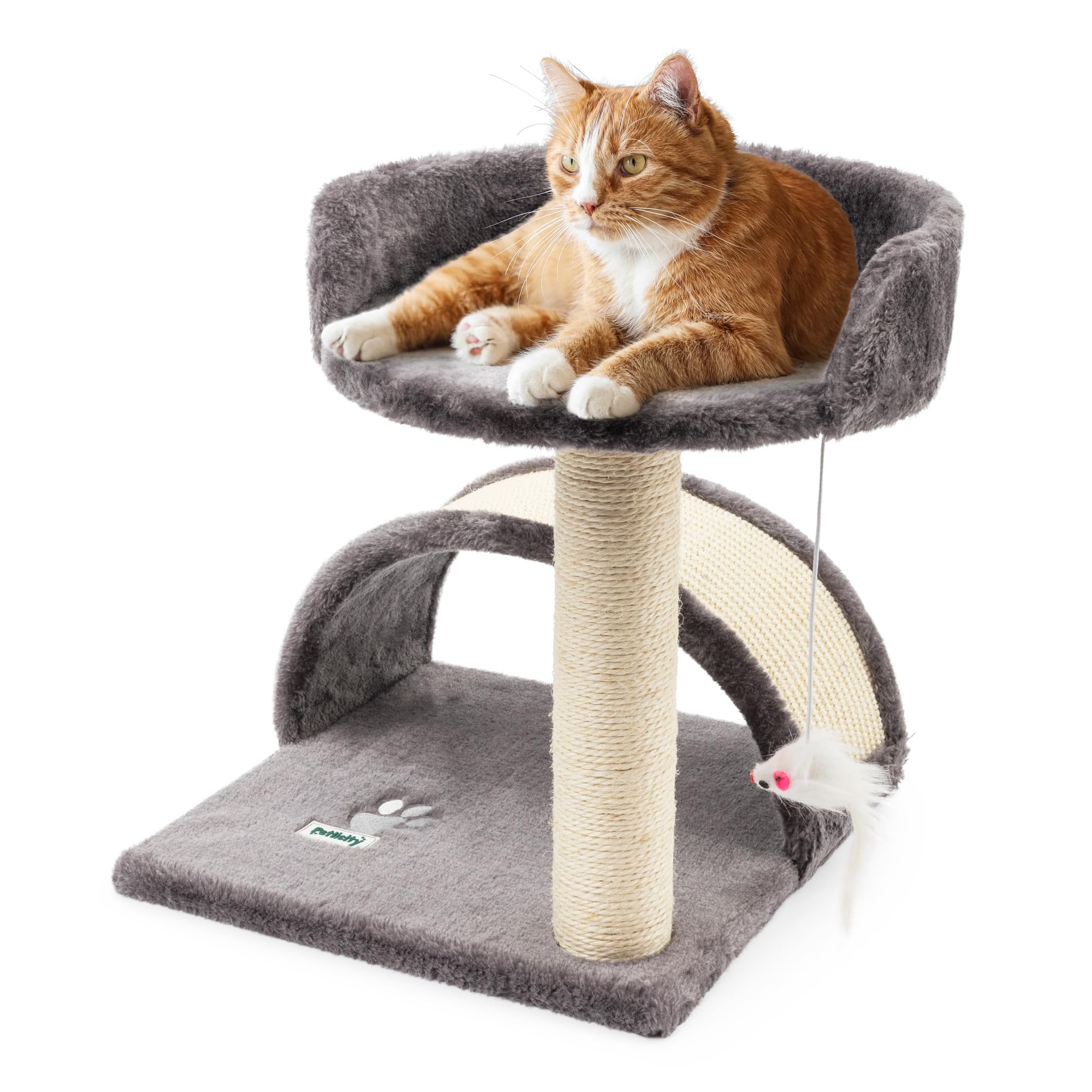 Petlicity Deluxe Cat Bed and Sisal Scratch Post Centre with Soft Plush Finish, Thick Heavy Duty Sisal Scratch Post, Sleeping Area (Grey)