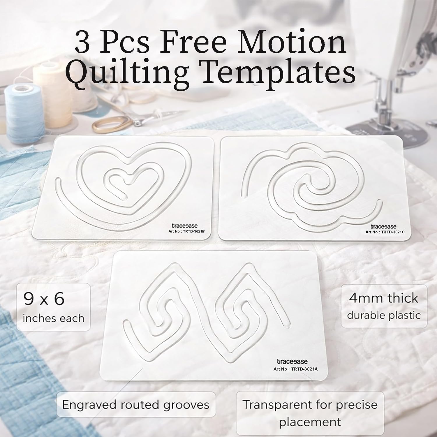Traceease 3PCS Free Motion Quilting Templates Set, 9 x 6 Inch, 4mm Thick Clear Acrylic Quilting Rulers, FMQ Templates for Domestic Sewing Machine Compatible Ruler of Foot, Heart Swirl Leaf Designs