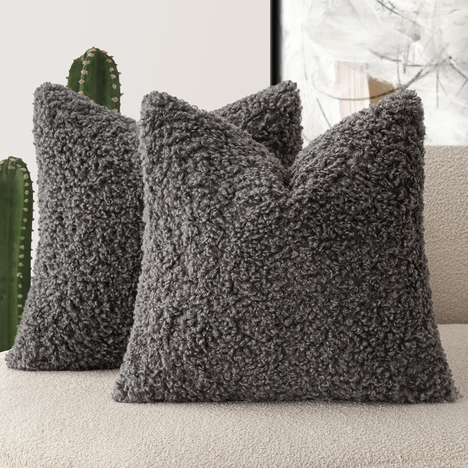 Foindtower 2 Pieces 18x18 Inch Dark Gray, Faux Fur Throw Pillow Cover Accent Sherpa Furry Pillow Covers Fuzzy Soft Pillowcases Cozy Sheepskin