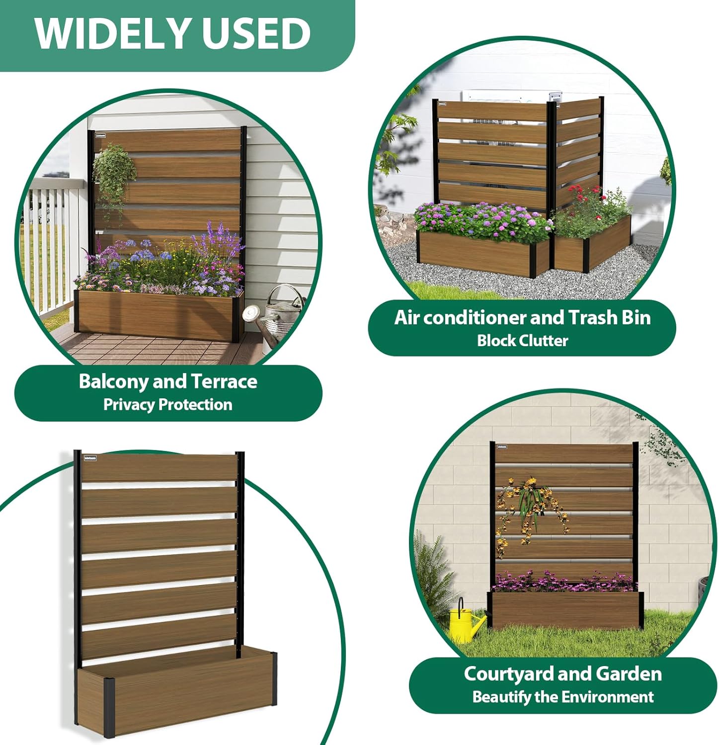 Composite Privacy Fence Screen with Planter Box,Privacy Planter Boxes Outdoor for Garden, Patio, Pool, Hot Tub, 59in H x 47.6in W x 14.7in L (Planter Box/Screen,Brown)