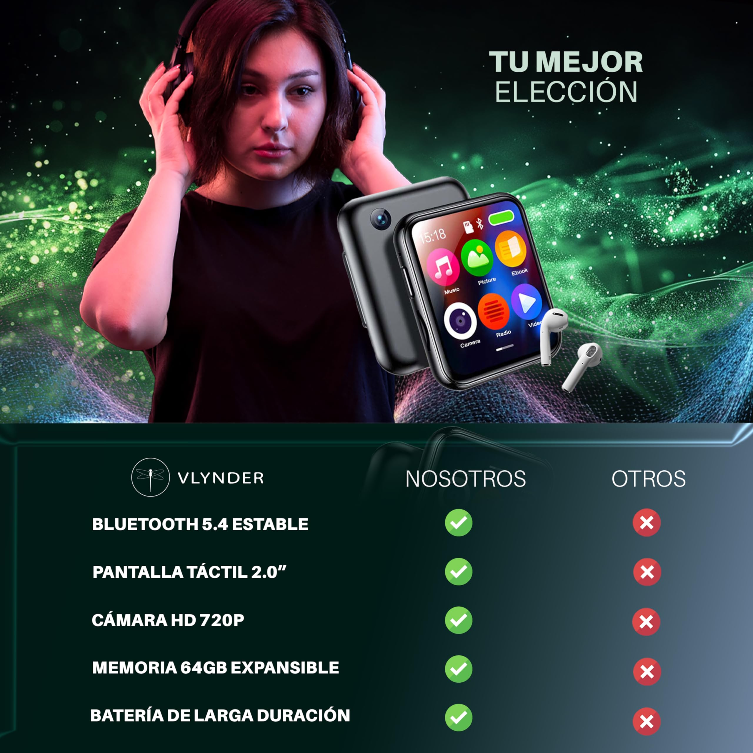 Reproductor MP3 con Bluetooth 5.4, 64GB | Mini HiFi-Music Player con Clip Deportivo | Premium | Pantalla Táctil 2,01 Pulgadas | Cámara 720P | Radio FM | Grabadora de Voz | Expansible 256gb