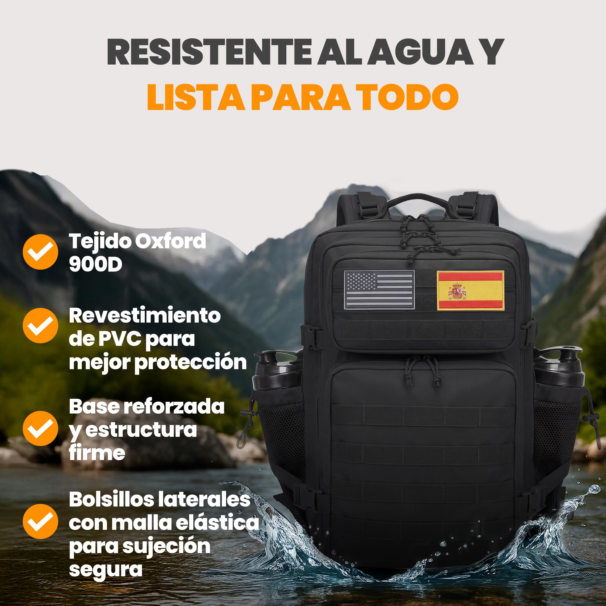 unycos - Mochila Táctica Militar【45L】con Sistema Molle y Bolsillos Laterales, Tela Oxford 900D Resistente, Bolsillos para 3 Días de Emergencias, Caza, Senderismo, Viaje, Crossfit, Gimnasio (Negro)