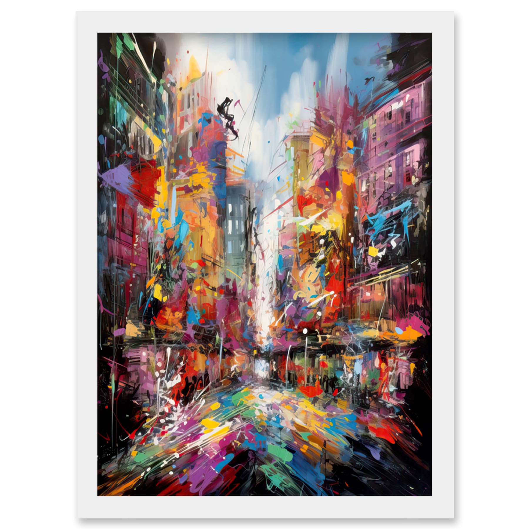 Artery8 Abstract City Street Modern Vibrant Cityscape Artwork Framed Wall Art Print A4