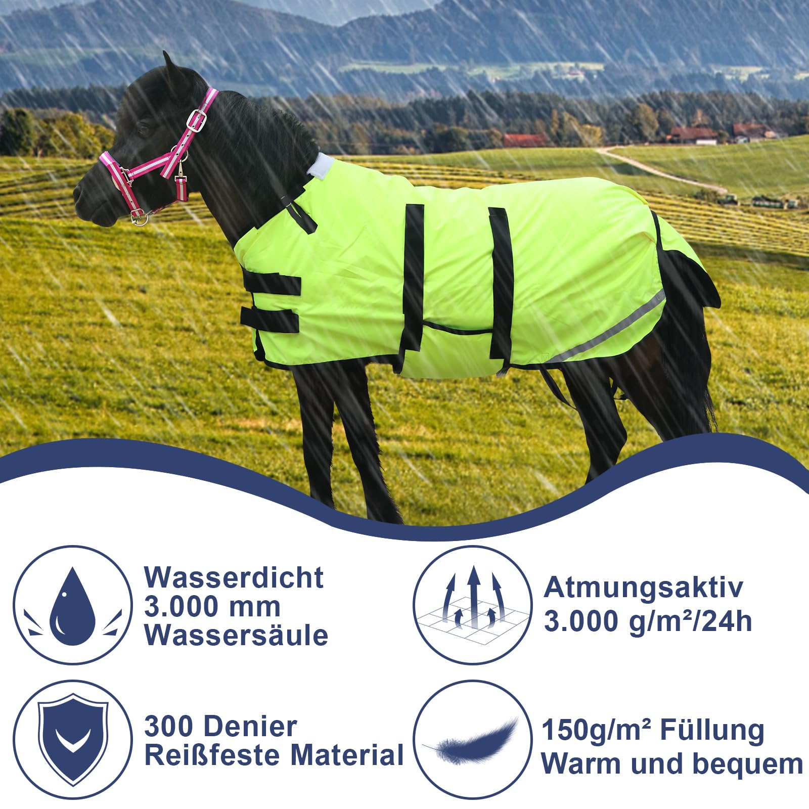300D Pony/Shetty - Manta para caballo (relleno de 150 g/m², ligera, cálida, impermeable, transpirable y resistente al desgarro, para ponis, potros, caballos minicaballos, caballos enanos