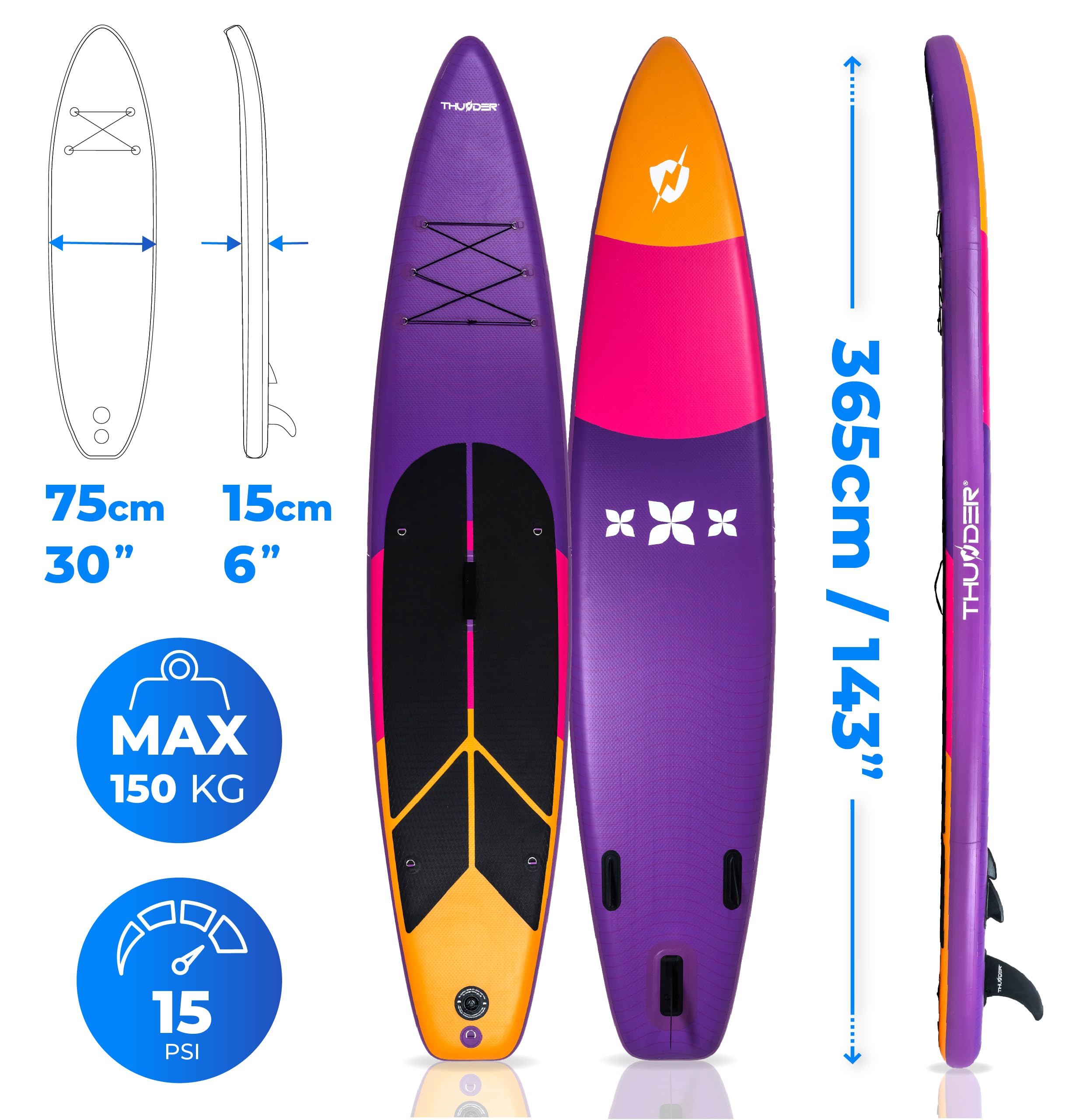 THUNDER Tabla de Sup Inflable 365 cm con Asiento de Kayak – Set de Stand Up Paddle con Bomba, Remo y Mochila – Touring Sup para Adultos y Principiantes hasta 150 kg