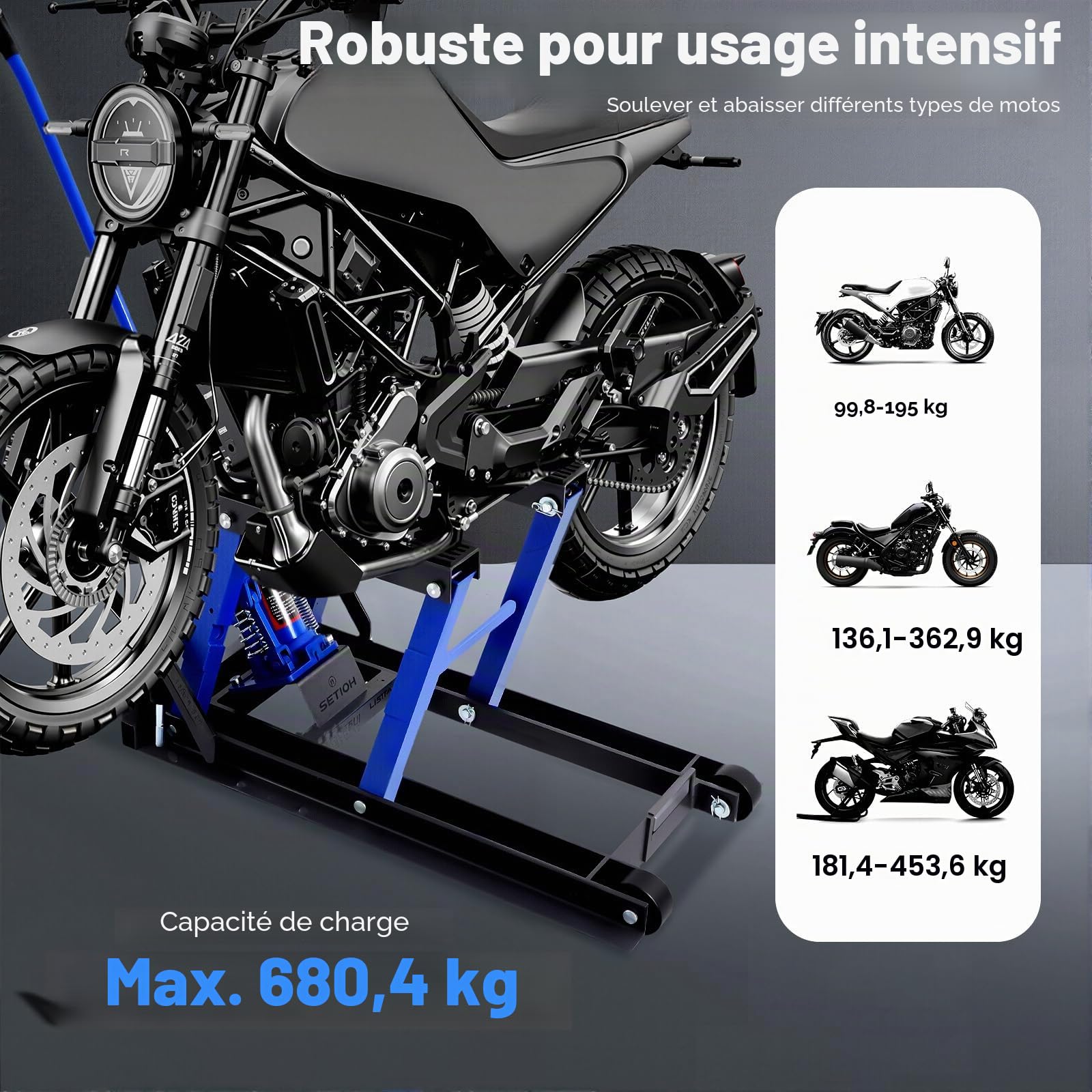 Cric hydraulique pour moto - 680 kg - Charge maximale : 680 kg - Pont élévateur de moto - Support de montage pour moto - Support de montage pour garage