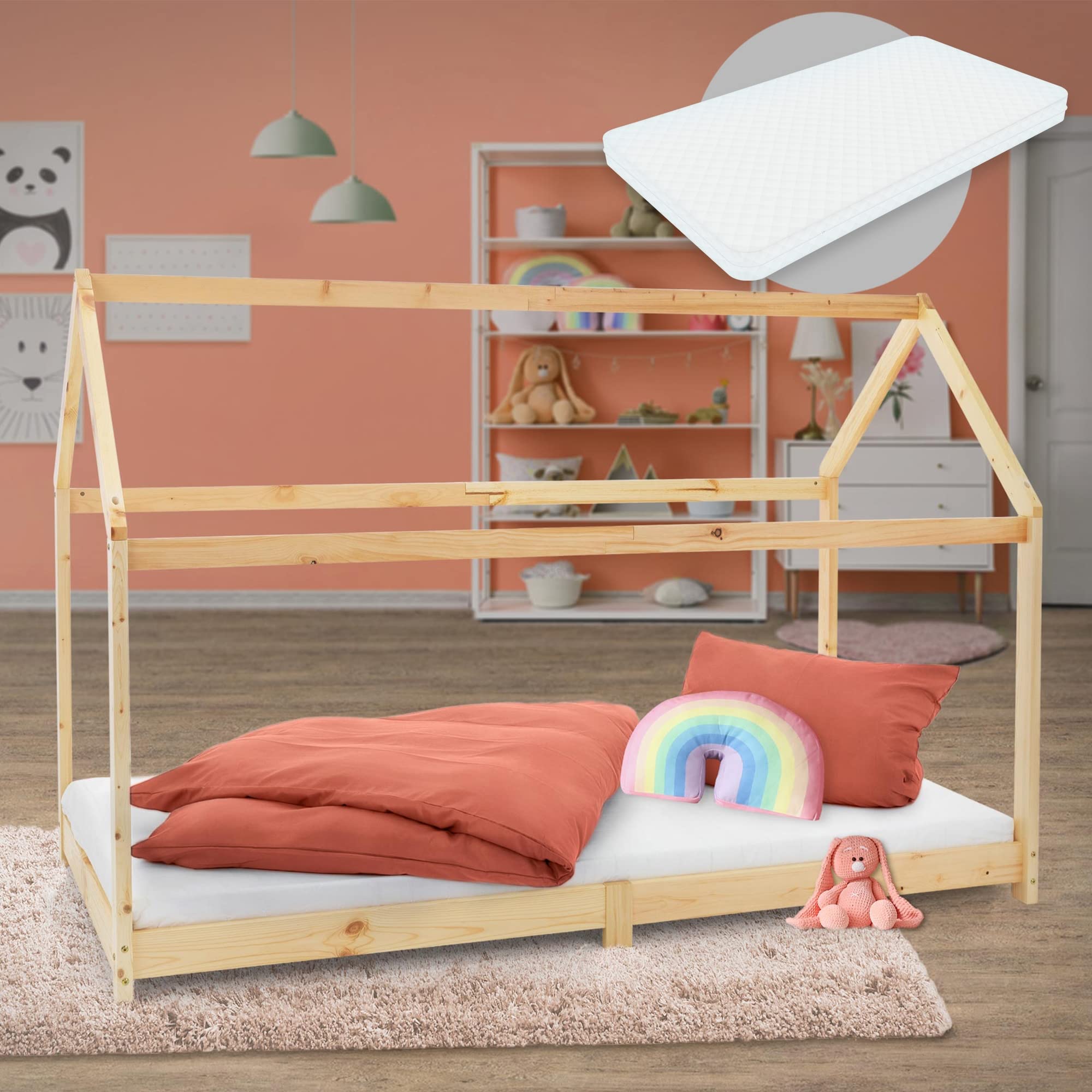 ML-Design Cama Infantil Casa Natural 90x200 cm de Madera de Pino + Colchón de Espuma Fría 16cm, Techo y Somier de Listones, Cuna de Suelo Maciza Casita de Juego Juvenil Mobiliario para Niño y Bebé