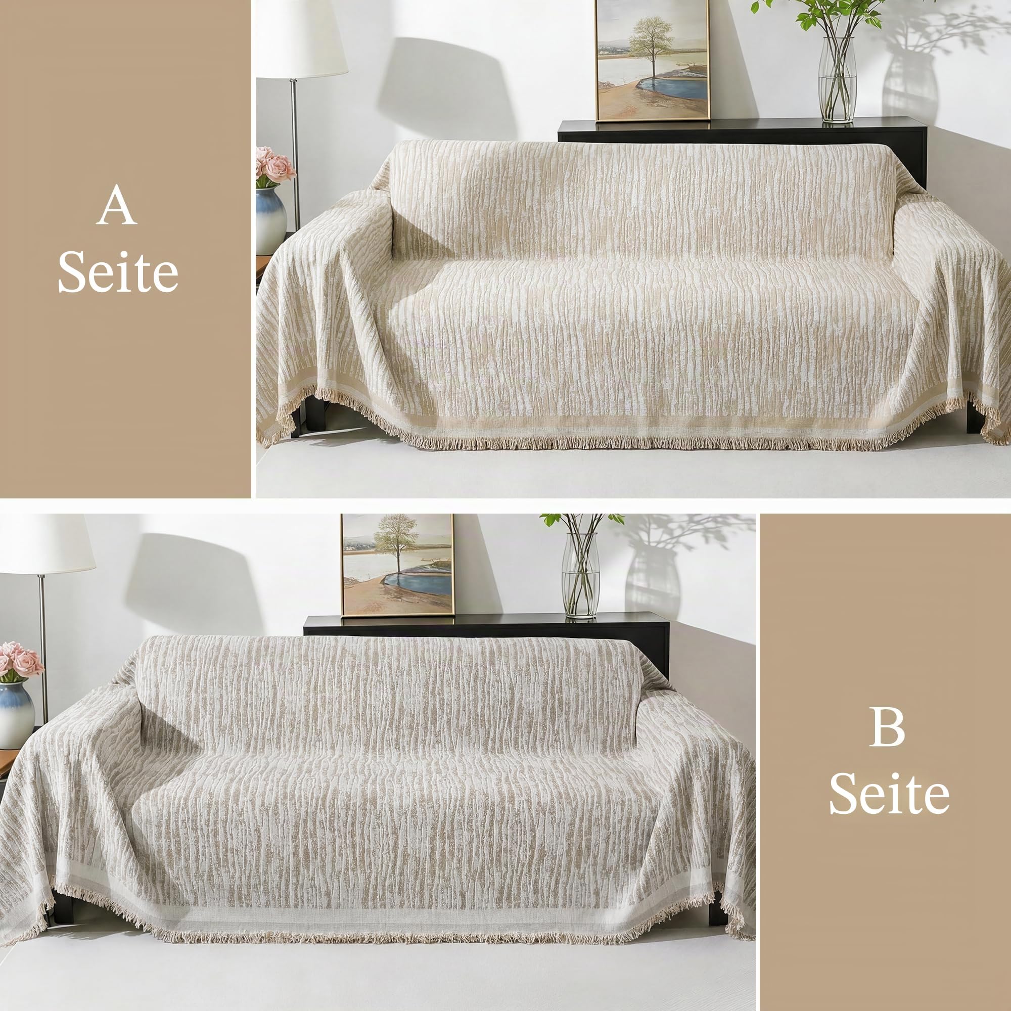 Chenille Sofa Überzug 2 3 4 Sitzer Modern Sofabezug Ecksofa L Form Waschbar Couch Überzug U Form AB Seiten Sofa Überwurf mit Quaste Sofaschoner Sofaschutz für Wohnzimmer Khaki 180x340cm