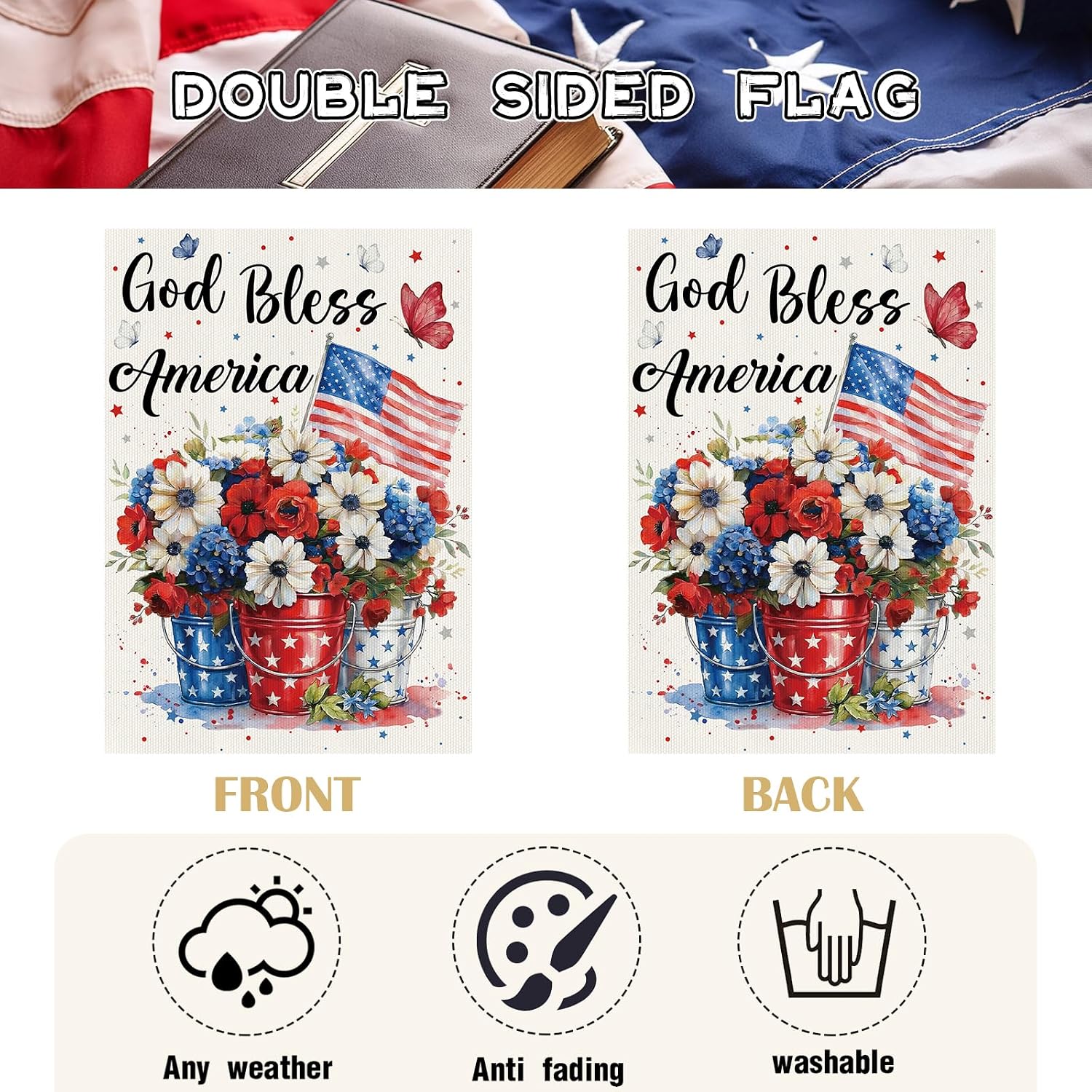 4th of July Floral House Flag, God Bless America Independence Day House Flags 28 x 40 Inch Double Sided, Memorial Day Flowers and Butterflies Flags Holiday Party Decoration for Outside Courtyard