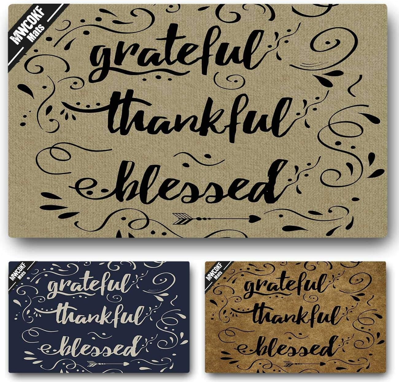 Funny Thankful Grateful Blessed Door Mat Non-Slip Back Rubber Entry Way Doormat Outside | Standard Outdoor Welcome Mat | Patio Home Office Indoor | Non-Woven Fabric 18 Inch x 30 Inch