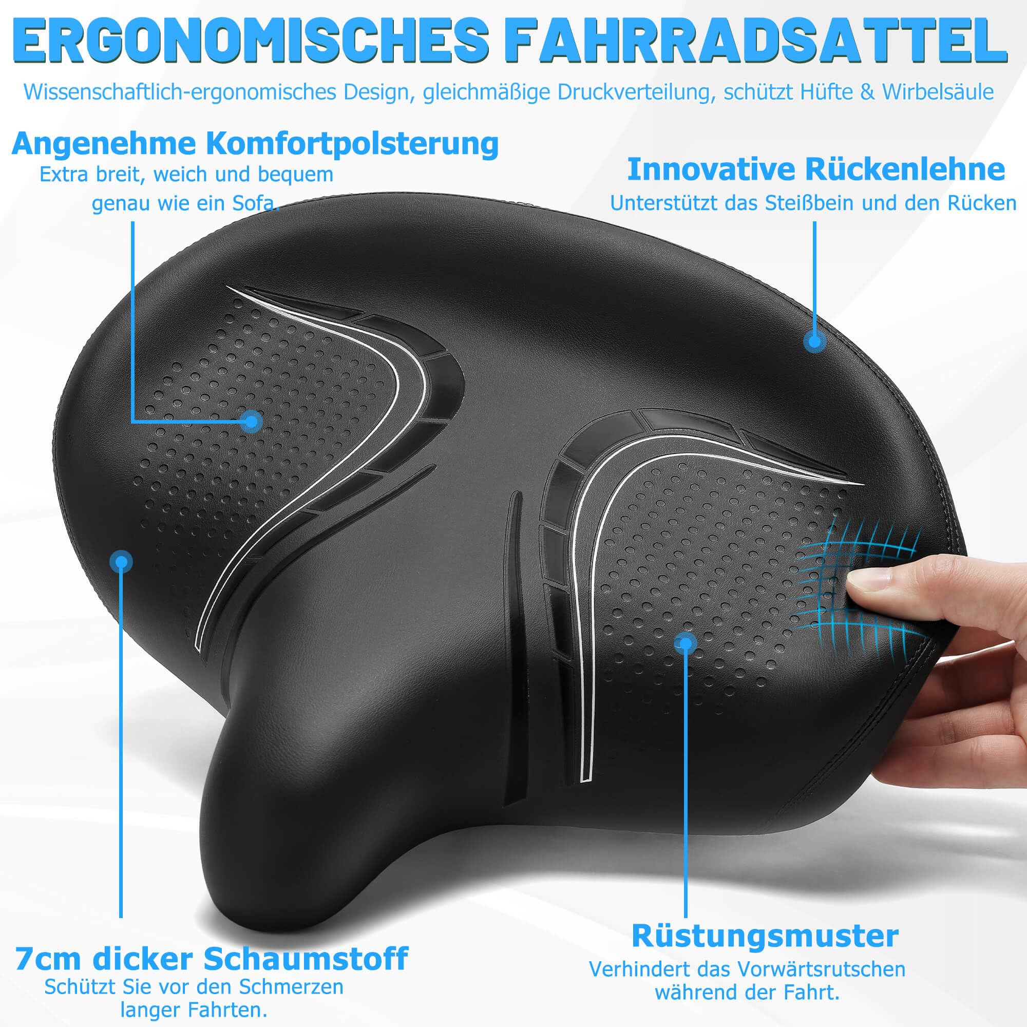 CDYWD Übergroßer Fahrradsattel Herren & Damen - Bequem, Weich, Extra Breit, Ergonomisch, Polster Fahrrad Sattel - Universal Ersatz Fahrradsitz, für Mountainbike, Cityrad, Ebike, Heimtrainer