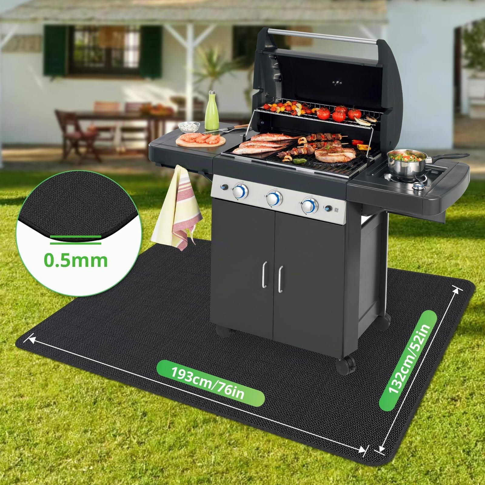 UBeesize Tappetino protettivo per il pavimento, 132 x 193 cm, ignifugo, resistente all'olio, impermeabile, antiscivolo, per barbecue, per esterni, prato, terrazza