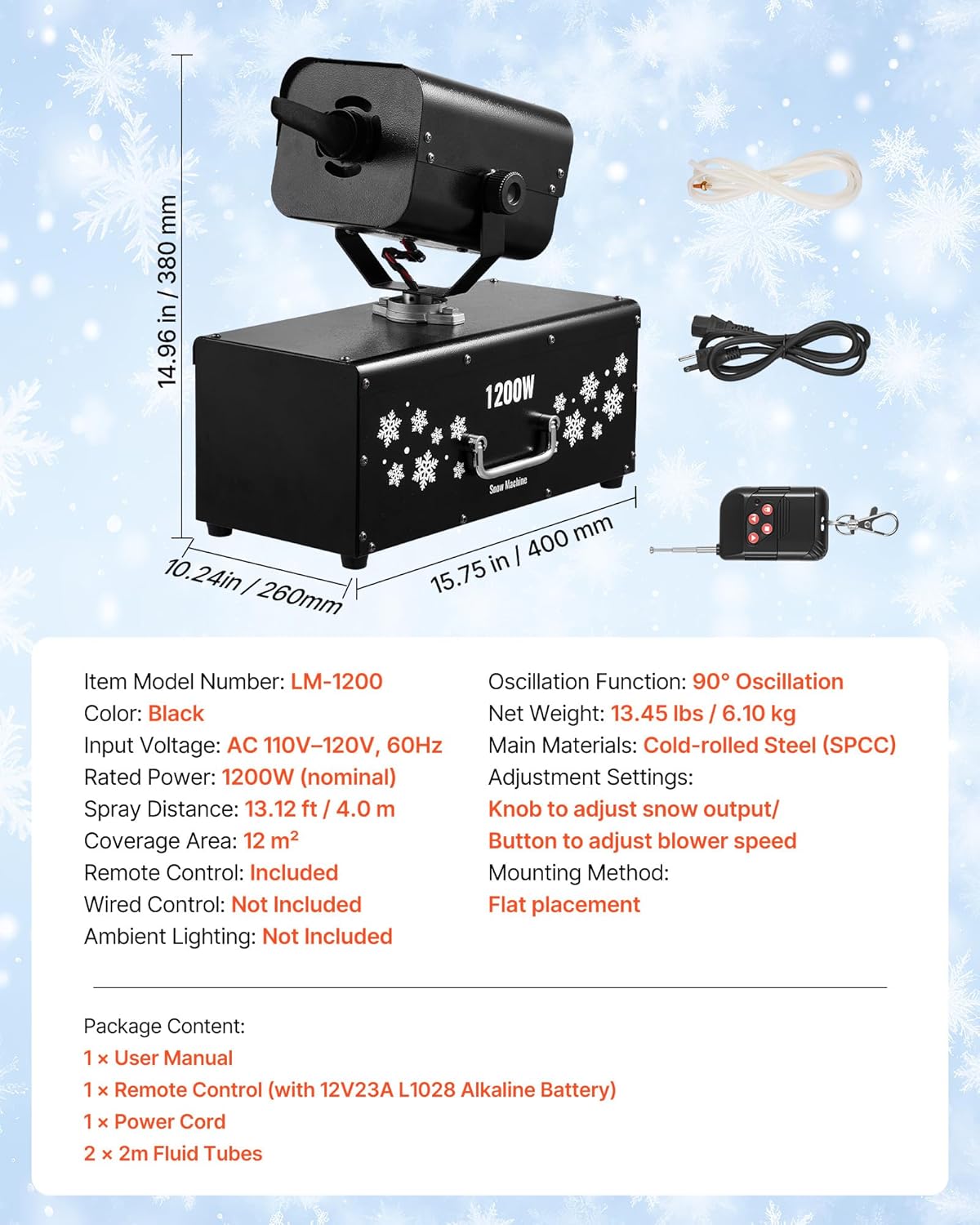 VEVOR Snow Machine, 1200W Powerful Fake Snow Maker with 90° Shaking Head, Wireless Remote Control, High Output Snowmaking Machine Coverage up to 12 ㎡ for Parade Christmas Wedding Party Stage Effect