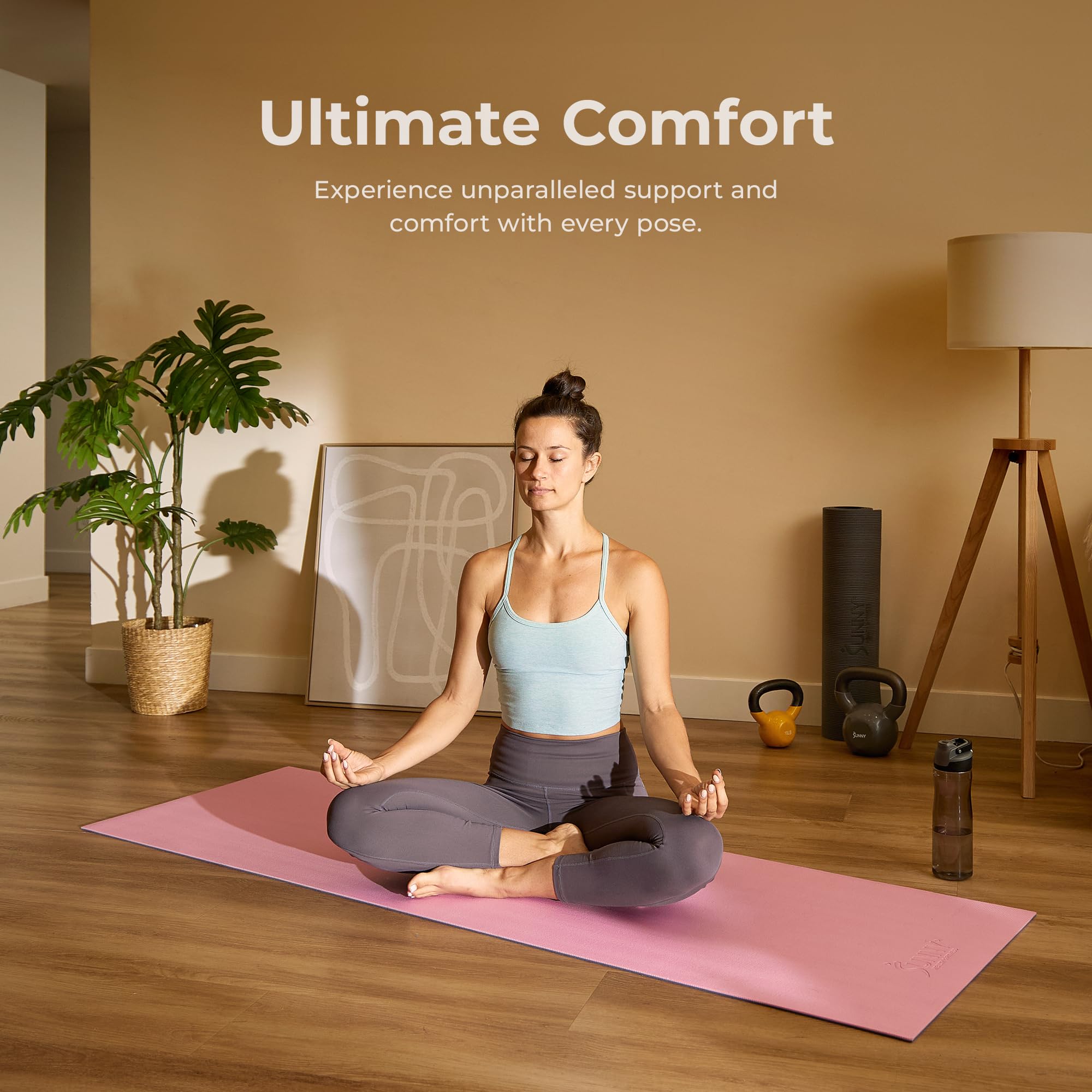Sunny Health & Fitness Esterilla de Yoga Antideslizante para Casa/Gimnasio | Comodidad y Soporte, Textura Antideslizante, Duradera y Portátil, Yoga, Pilates, Estiramientos, Floor Workouts