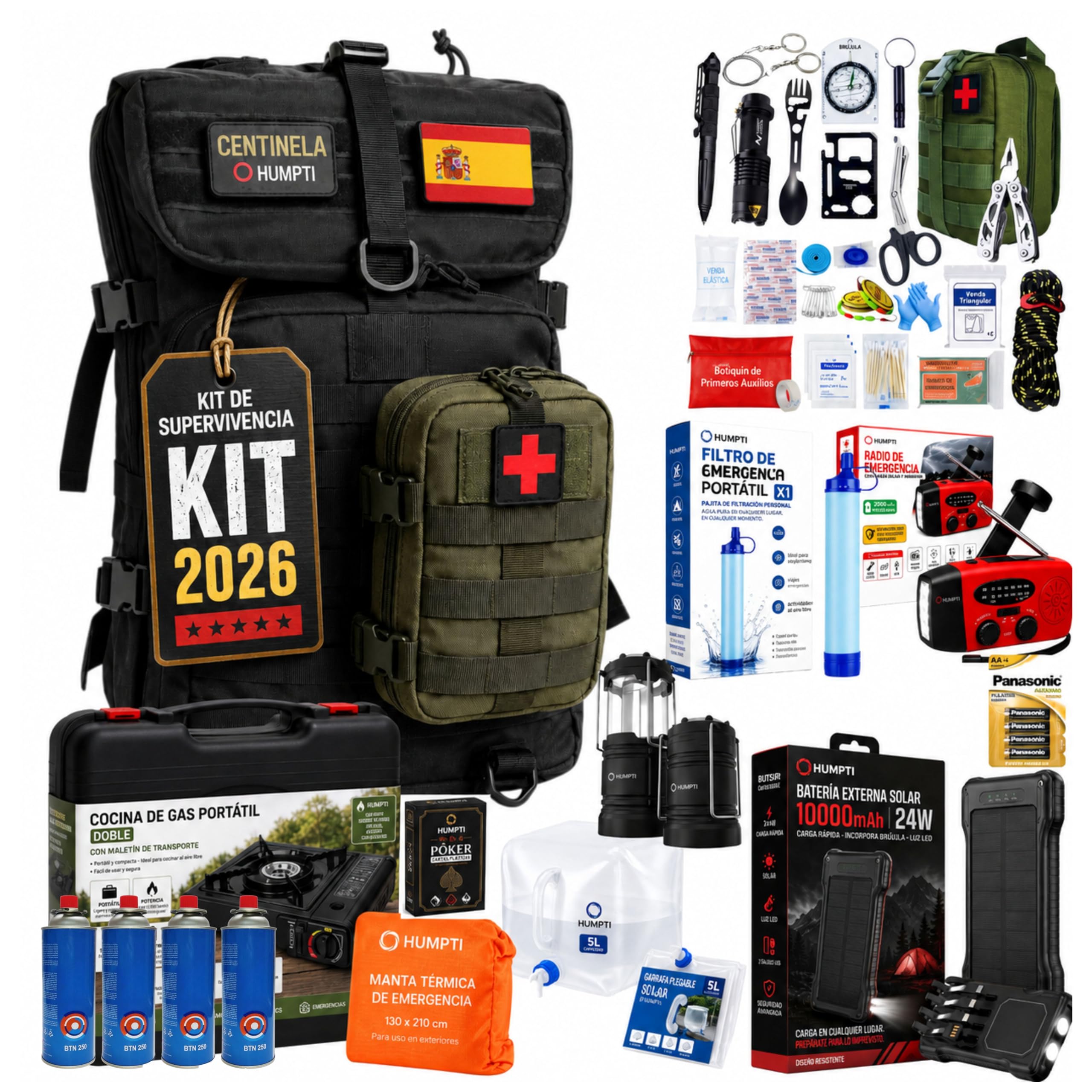 Kit de Supervivencia Completo UE 2026, Mochila Supervivencia 72 Horas Equipada con Camping Gas Portatil, Kit Supervivencia Catastrofe, Botiquín Táctico con Radio Sola, Alicates, Tijeras y Silbato