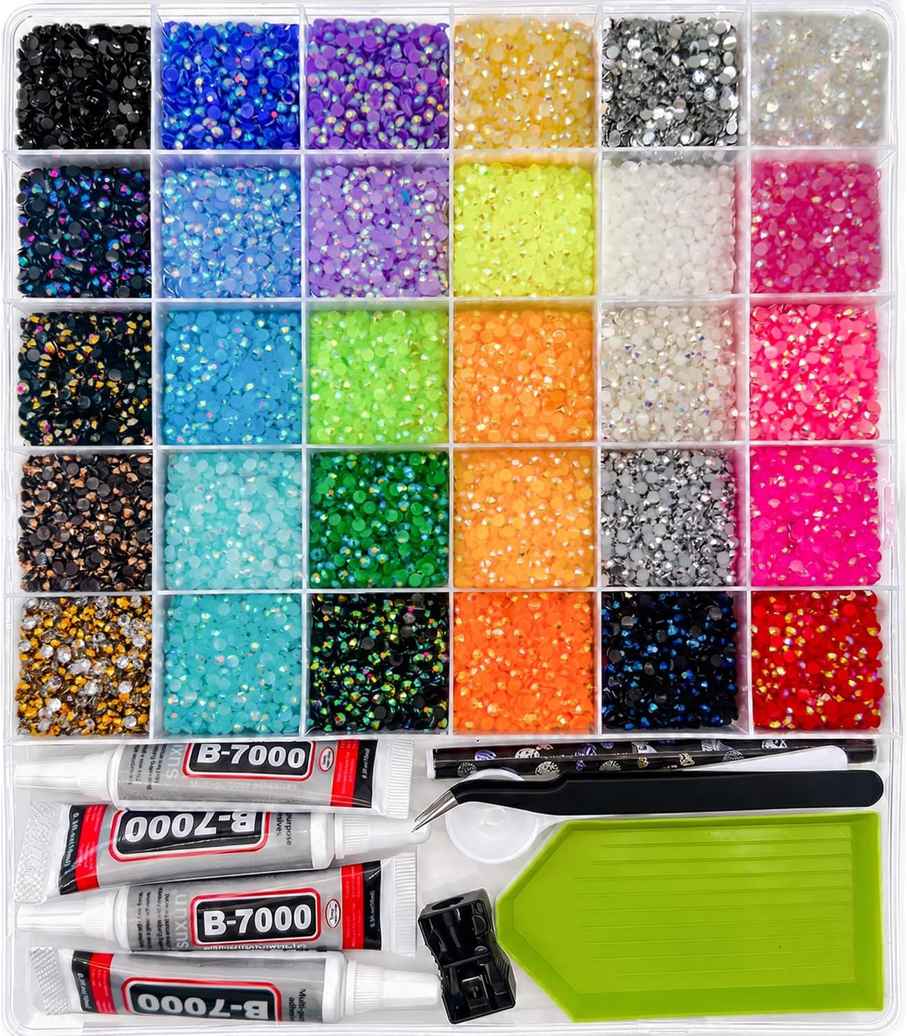 30,000Pcs 30 Colors Jelly AB Rhinestones for Bedazzling, 3mm Resin Flatback Gems All-in-One Bedazzling Kit with 4Pcs B-7000 Glue, Pickup Pen, Tweezers & Trays for Crafts, Nails, DIY