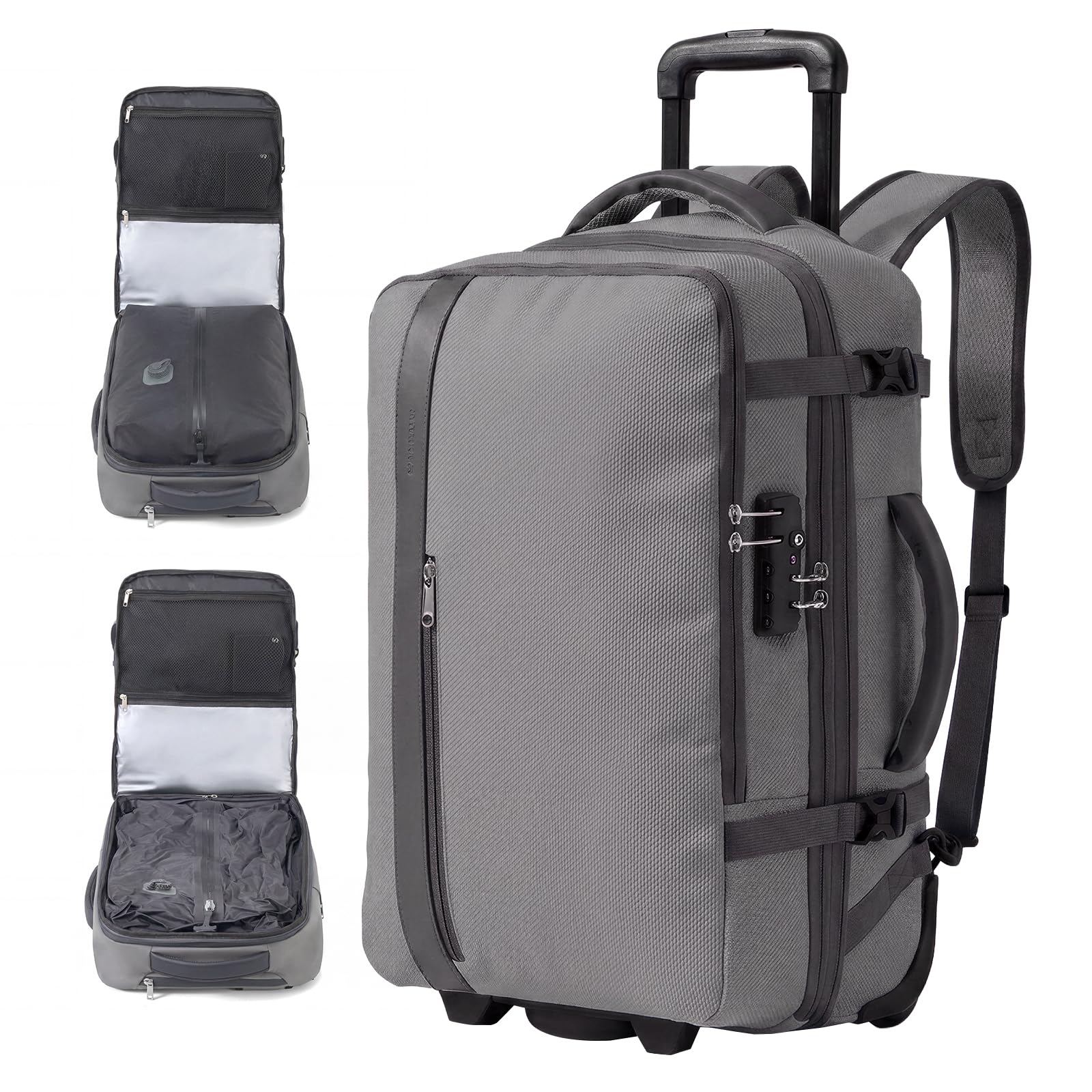 Fanwoli Rolling Vacuum Backpack Travel,One-Button Compression,TSA Carry-On | 54L Expandable | 2-In-1 Design | Built-In Electric Pump | Dual-Zipper TSA Lock | Waterproof | Fits 18” Laptop